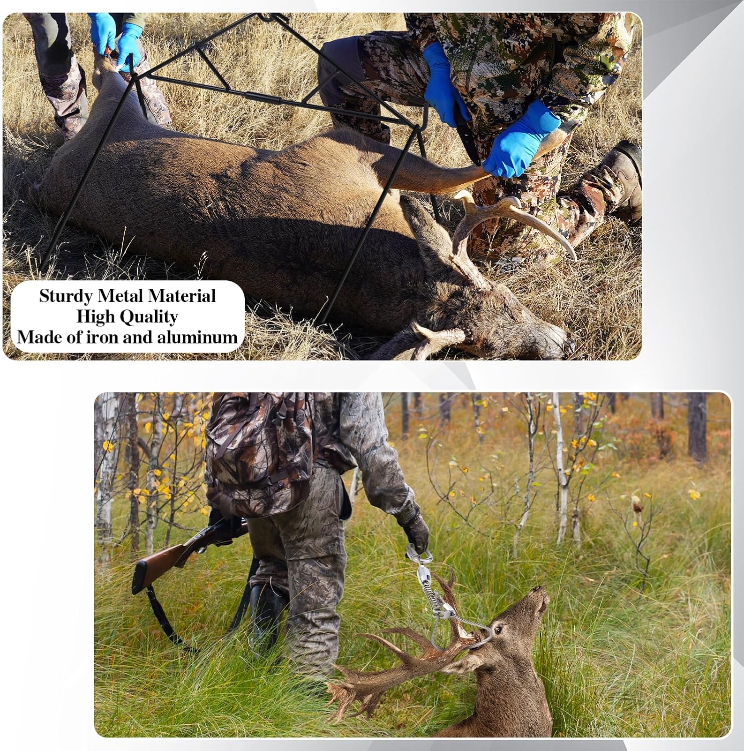 2 Sets Deer Hunting Gambrel Kit Include 1200 Lbs Stainless Steel Deerfoot Suspension Buckles and 700 Lbs Foldable Pulley Hoist Rack for Deer Skinning Game Processing