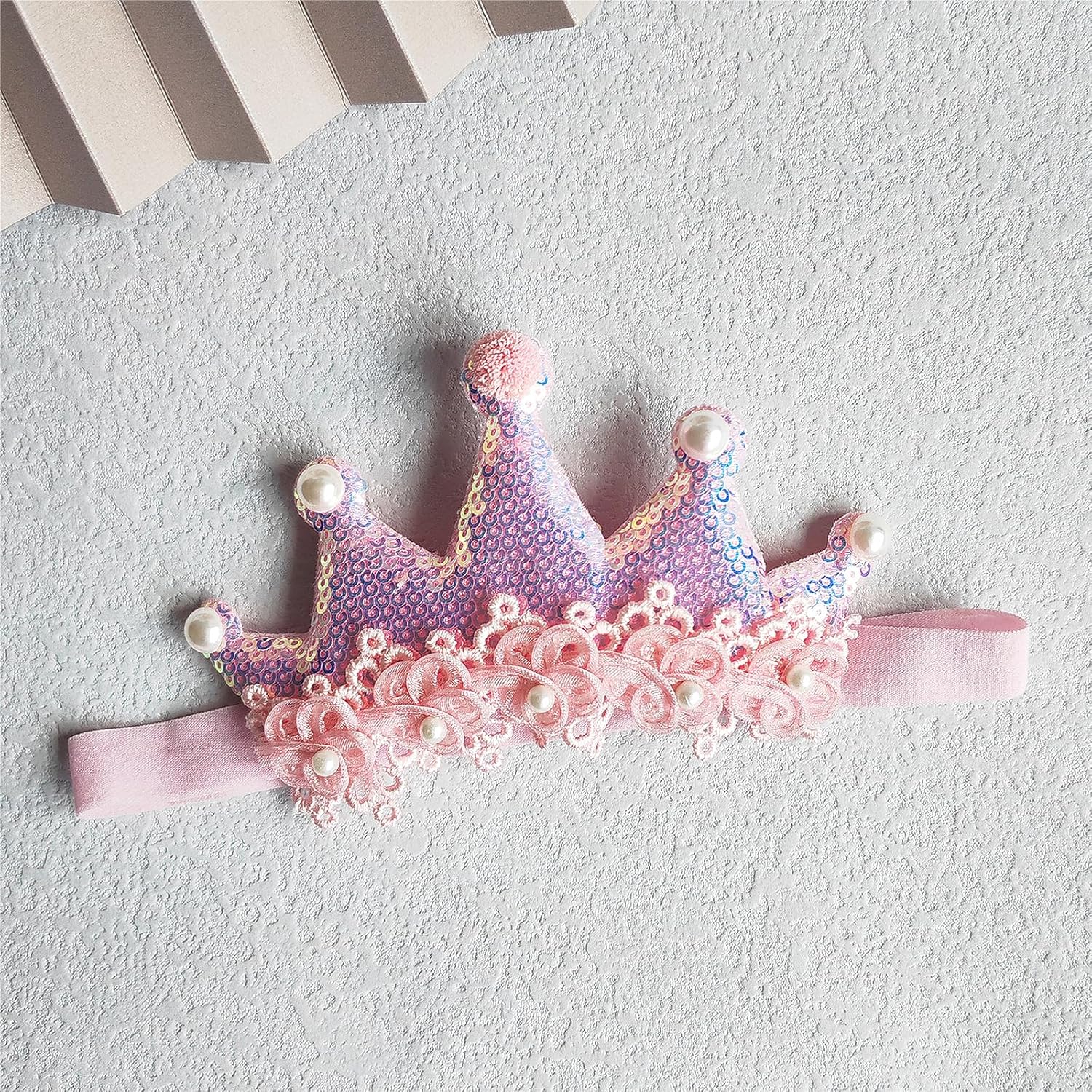 Lace Crown Hair Bow for Baby Girls Soft Tulle Elastic Headband Baby Shower Birthday Party Crown Hair Accessories for Newborn Infant Toddlers (Pink B, Adjustable) - Image 3