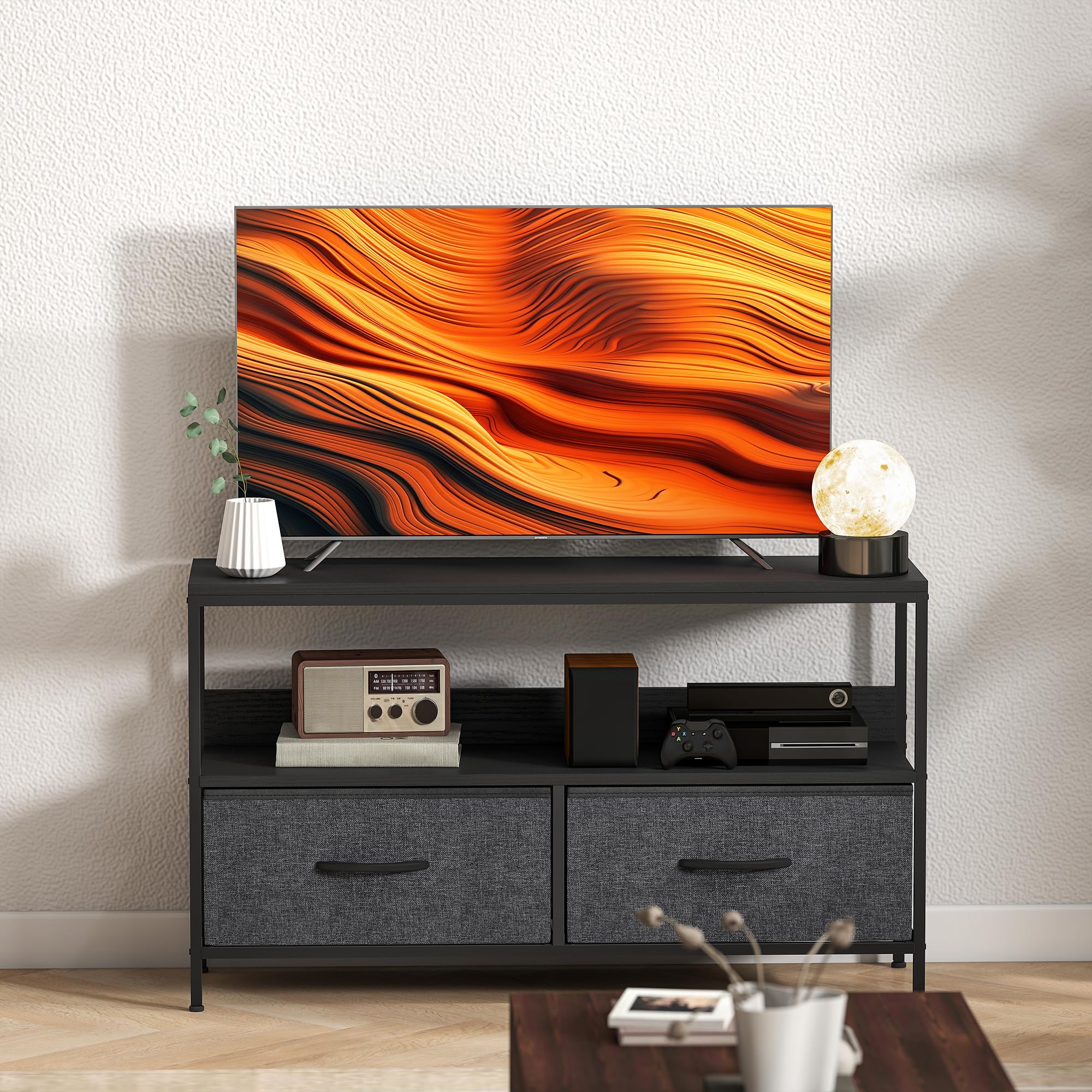 HOMCOM Mobile TV, Mobile Porta TV Fino a 47" con 2 Cassetti Pieghevoli in Tessuto e Mensola, Mobiletto per Televisore per Soggiorno, Camera da Letto e Salotto, 98x29x56 cm, Nero