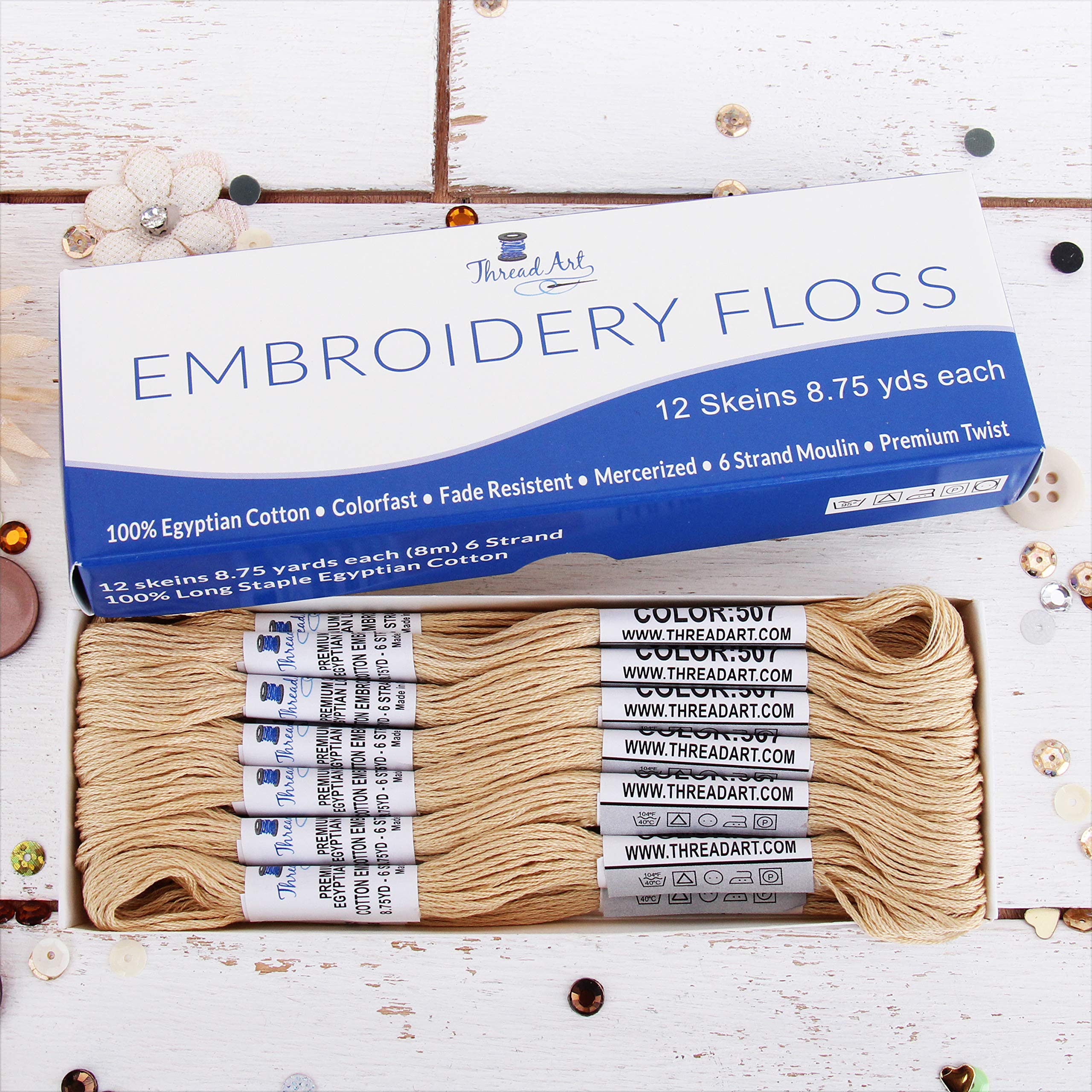 Hilo de bordar de algodón egipcio de fibra larga de 12 madejas, color crema, 6 hilos divisibles de 8,75 m, cada uno para bordar a mano, pulseras de amistad, punto de cruz y manualidades