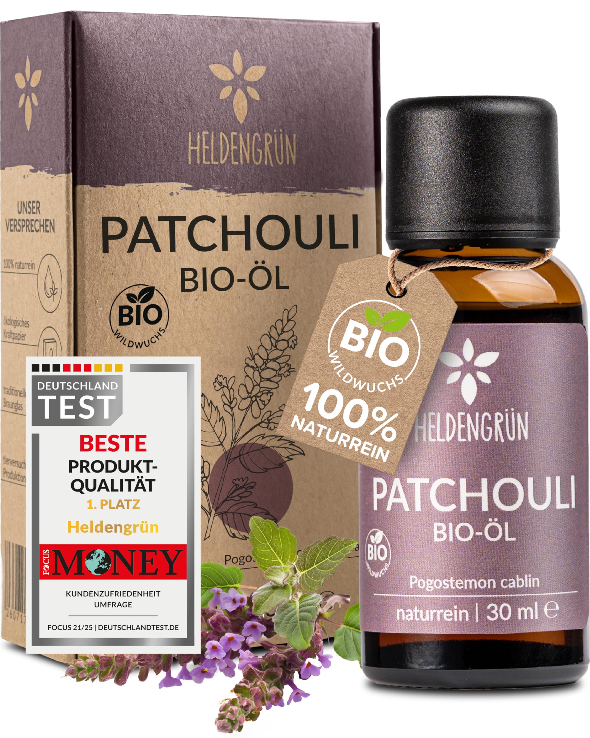 Heldengrün© Organic Patchouli Oil [100% Natural] - Pure Patchouli Fragrance Oil - Patchouli Oil in Perfume Quality - Sustainable Wild Growth - Essential Oil