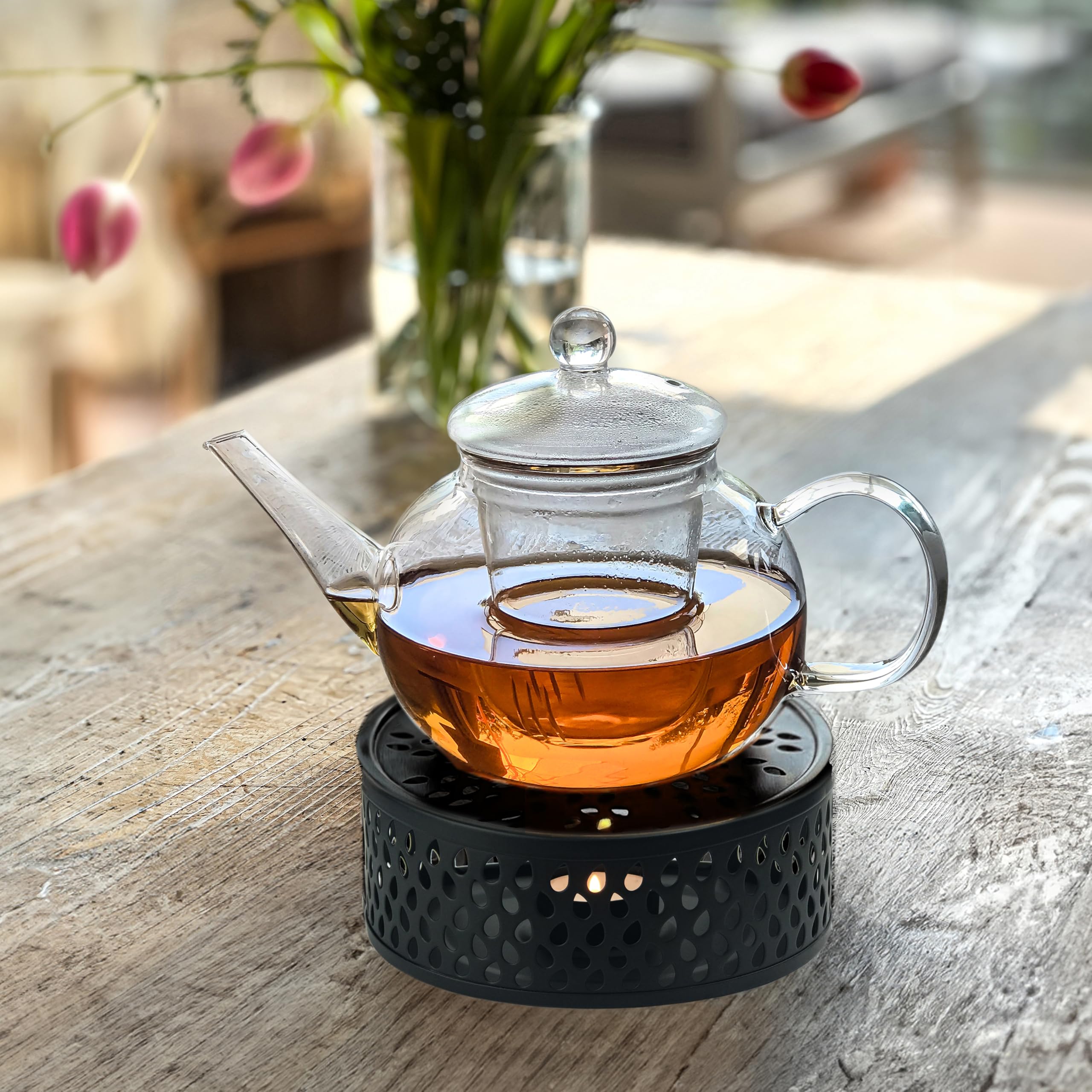 Creano Tetera de Vidrio „Plana“ 1,2L con Filtro de Vidrio y Calentador „Leaf“ Negro – Infusión Pura sin Sabor Metálico