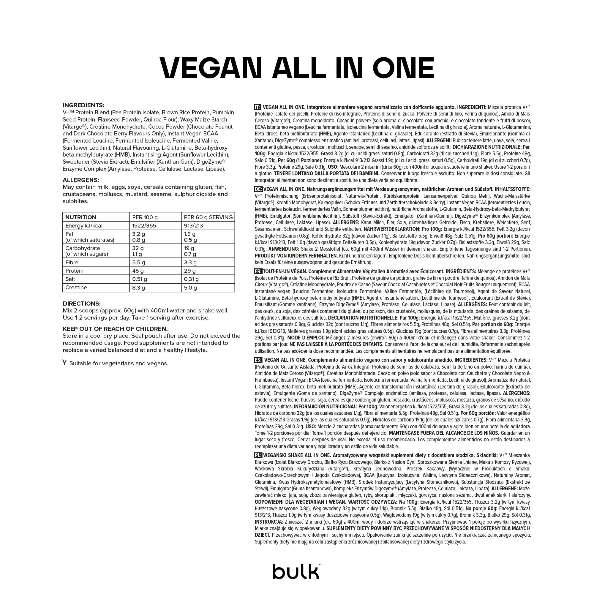 Bulk Todo en uno vegano, Con Creatina, Carbohidratos Vitargo, AACR, HMB, Chocolate Negro & Frambuesa, 2.5kg, 41 Dosis
