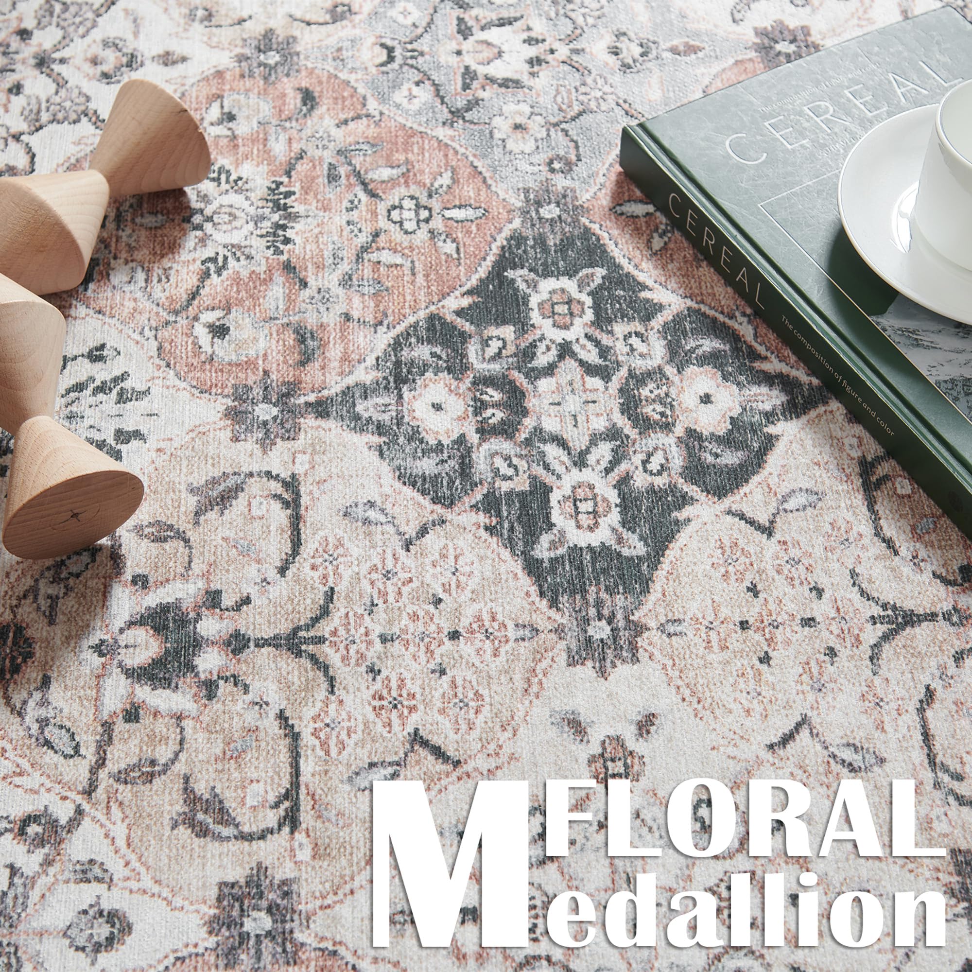 jinchan Moroccan Area Rug 6x9 Washable Rug Floral Medallion Accent Rug MoroccanTrellis Floor Cover Non Slip Kitchen Rug Vintage Retro Carpet Soft Thin Rug for Living Room Bedroom Dining Room Taupe