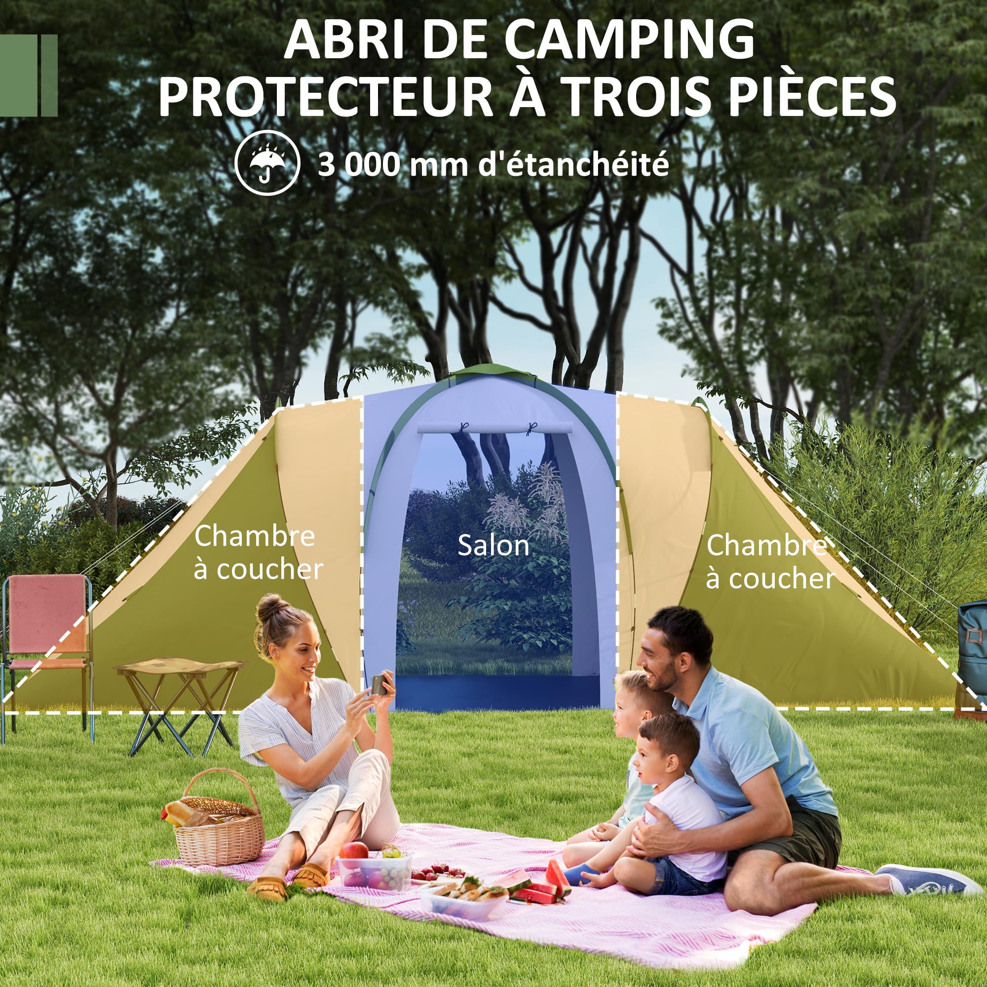 Outsunny Tente Tunnel Tente de Camping familiale 4-6 pers. légère ventilée Facile à Monter - 2 Grandes Portes 5,55 x 2,25 x 1,9 m Fibre Verre Polyester, Gris et Vert