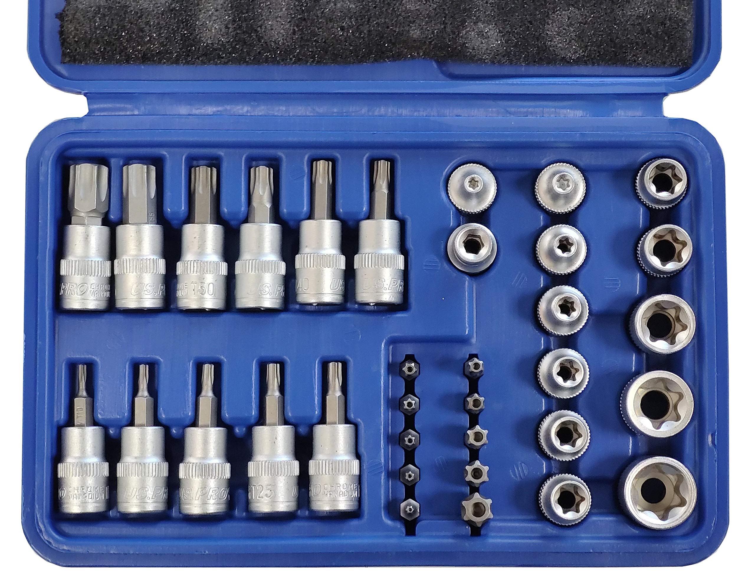 US PRO 34pc TORX BIT & E SOCKET SET 3/8""Dr T10/T60 E4/E20 Tamper Proof T10/T55