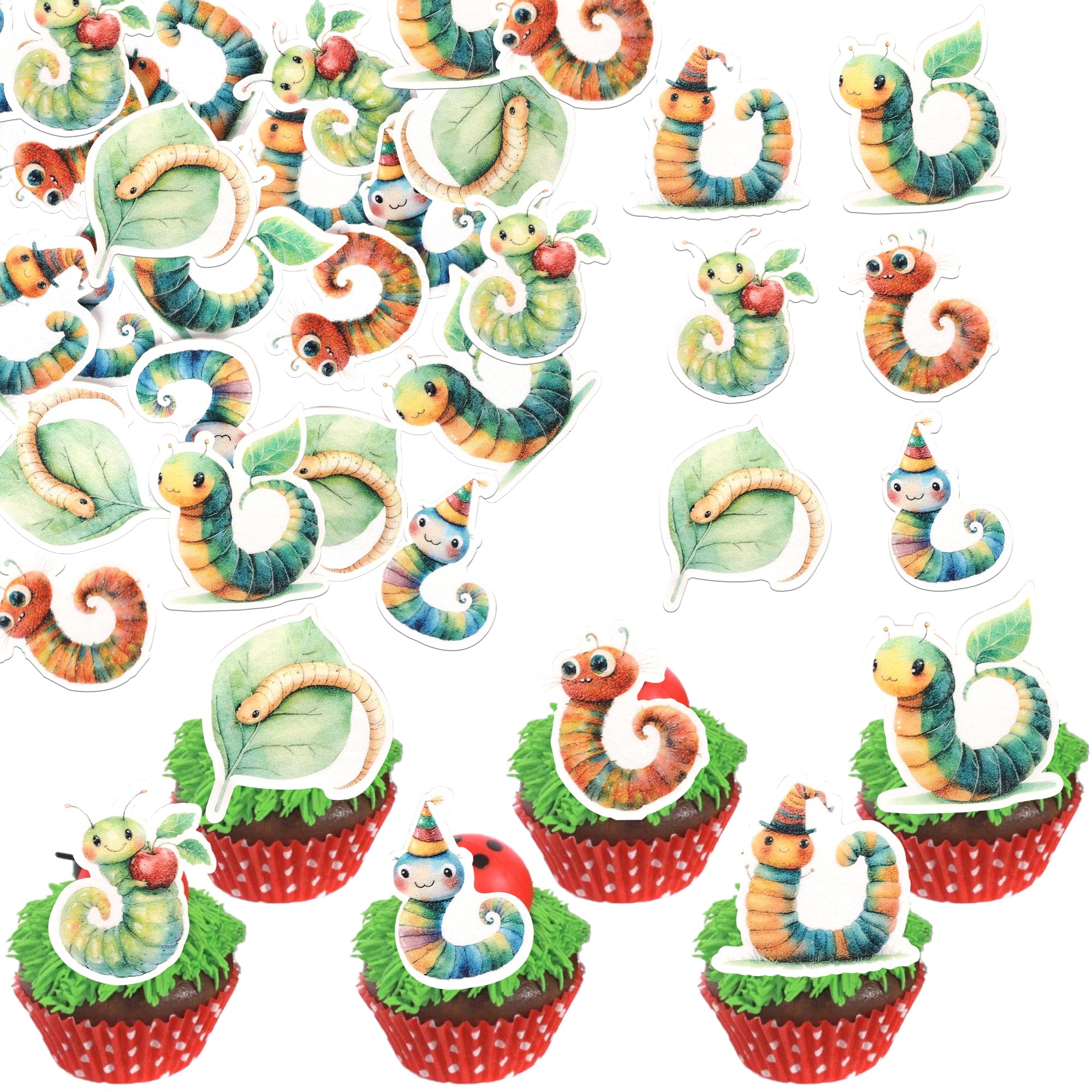 60 Stück Essbare Raupe Tortendeko Natur Insekt Kuchen Deko Hungrige Caterpillar Cupcake Toppers für Insekt Thema Baby Dusche Kinder Geburtstag Party Kuchen Dekorationen