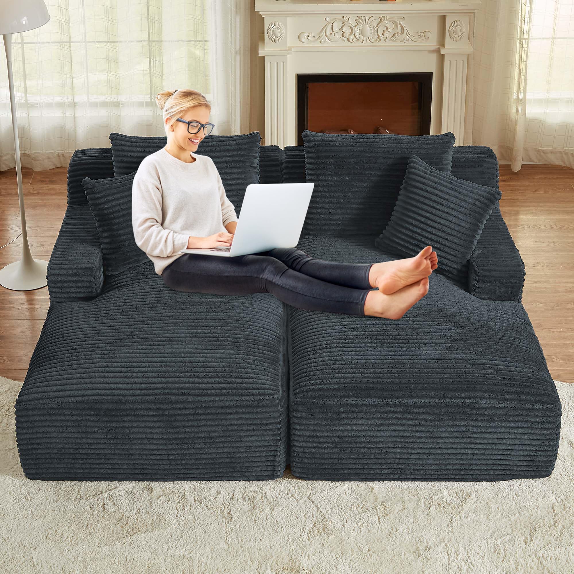 Suheww 78.8" Oversized Chaise Lounge Double, Dark Grey Sleeper Sectional Chaise Loveseat Lounge Sofa Bed, Comfy Compression Deep Seat Corduroy Cloud