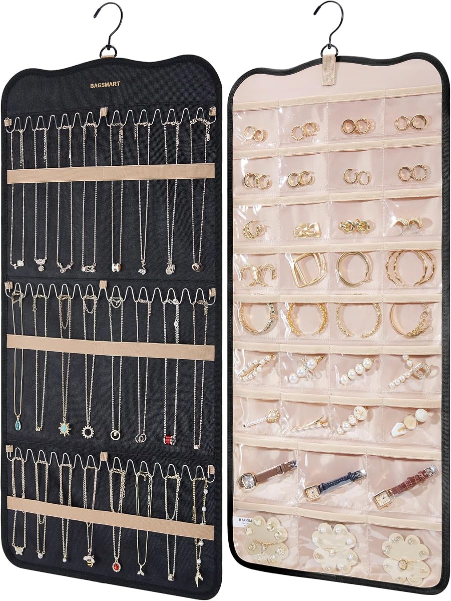 BAGSMART Organizador de joyas colgante con ganchos de metal, soporte de joyería de doble cara para pendientes, collares, anillos en el armario, pared, puerta, 1 pieza grande negro