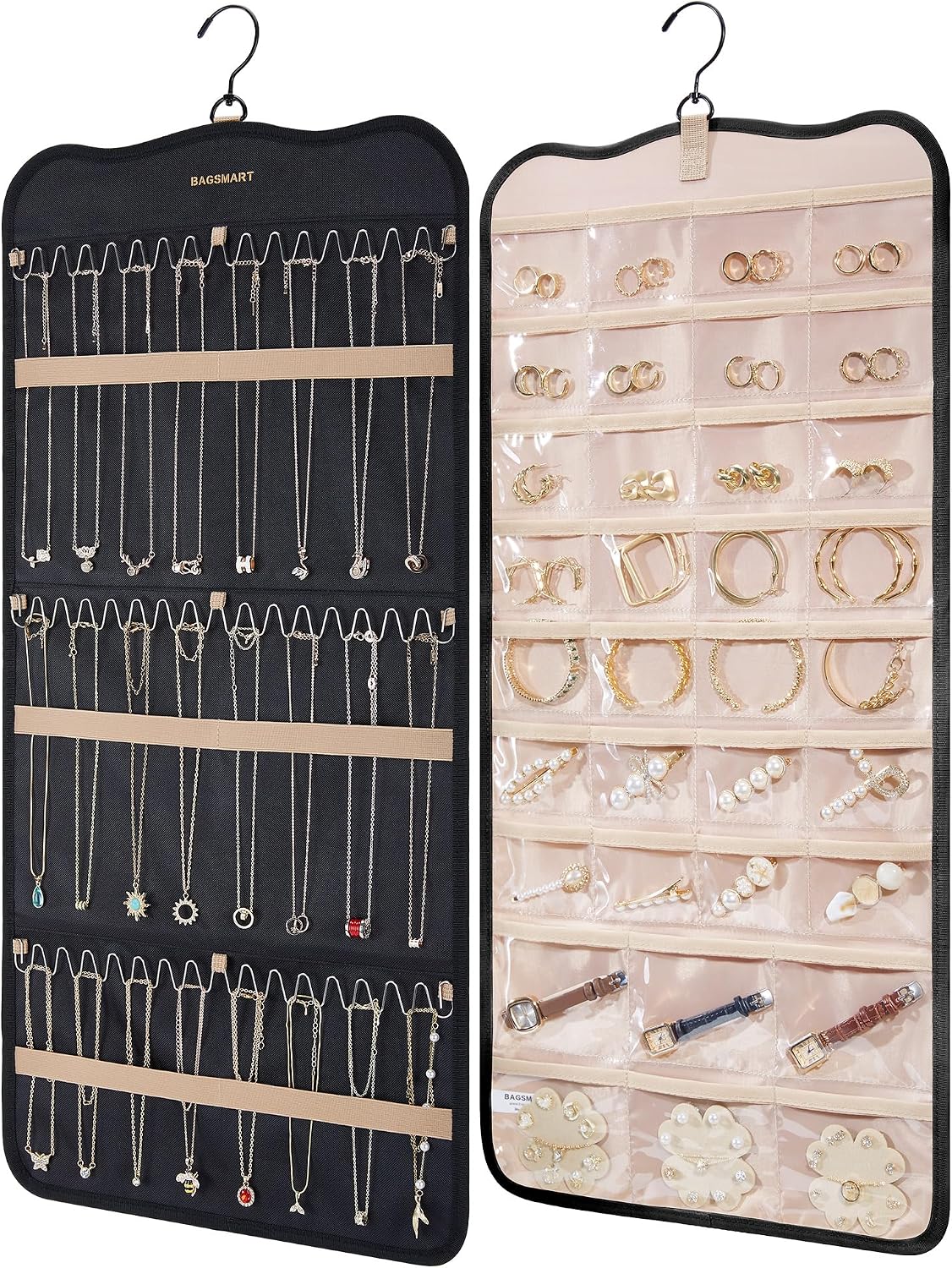 BAGSMART Hanging Jewelry Organizer Storage with Hanger Metal Hooks Double-Sided Jewelry Holder for Earrings, Necklaces, Rings on Closet, Wall, Door, 1 piece Large Black