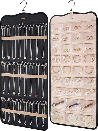 BAGSMART Organizador de joyas colgante con colgador, ganchos de metal, soporte de joyería de doble cara para aretes, collares, anillos en el