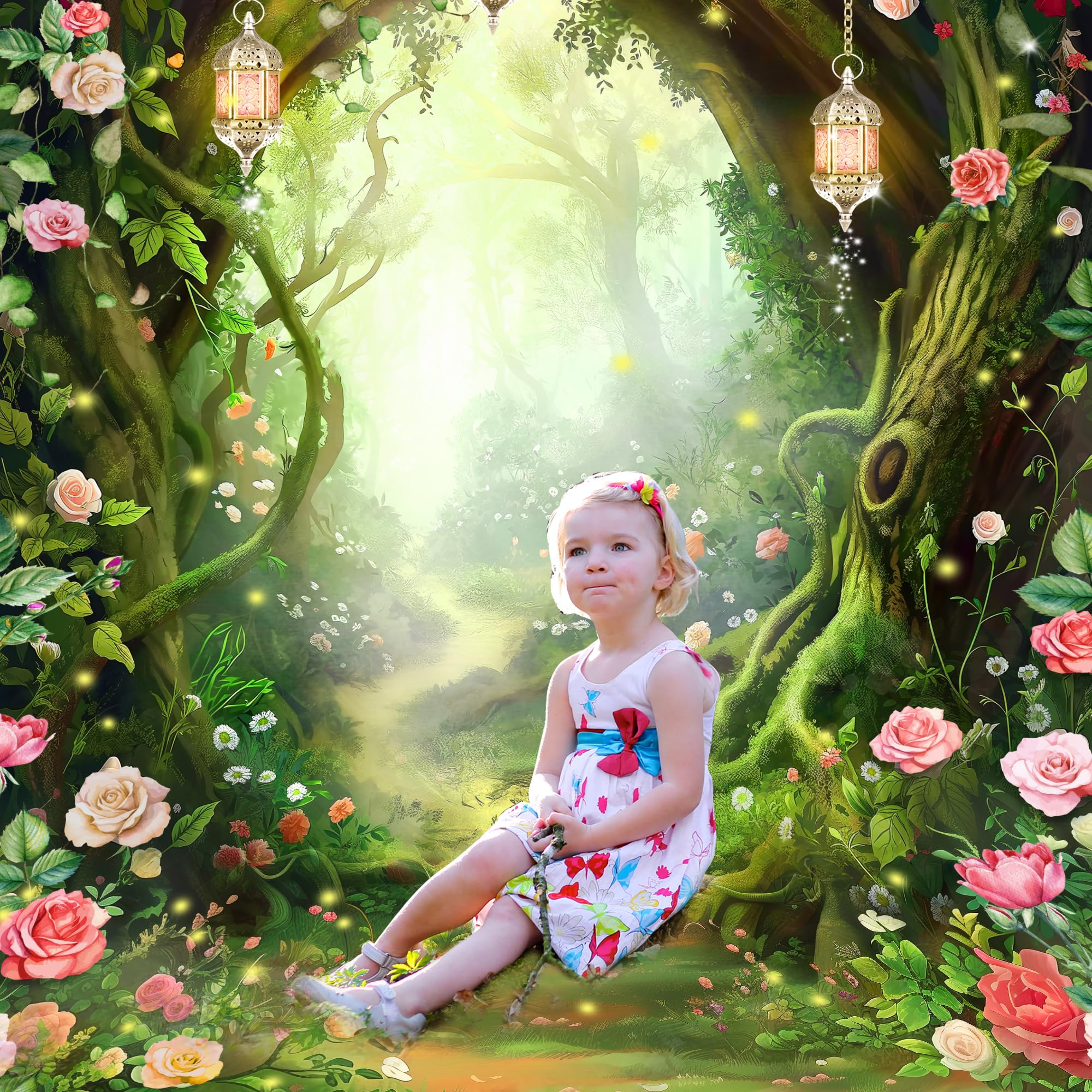 Riyidecor Fairy Backdrop Polyester Fabric Green Enchanted Garden Wonderland Butterfly Flower Magic Stained Glass 5Wx7H Feet Photography Background Birthday Baby Shower Photo Studio Shoot: 5Wx7H F-Green Flower