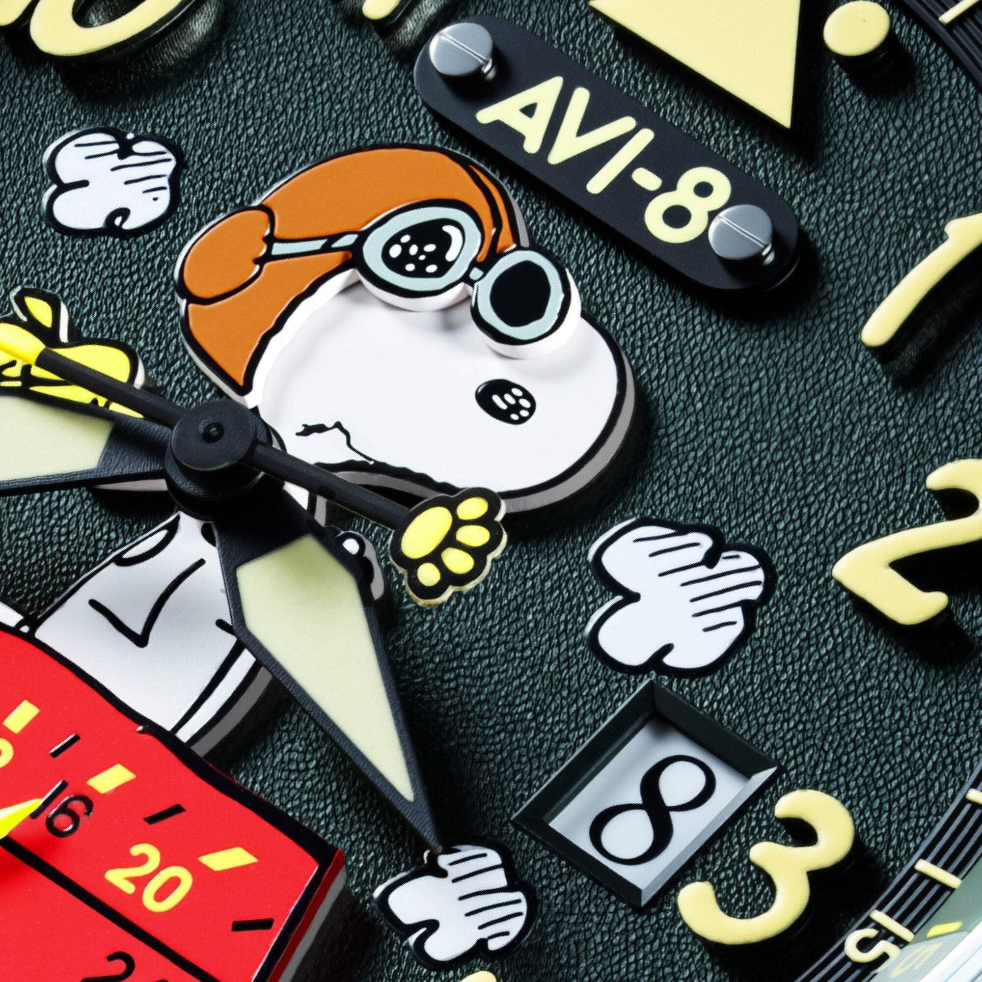 AVI-8 Hawker Hurricane Mckellar Dual Time Peanuts Snoopy Flying Ace Herren-Armbanduhr mit Lederarmband, 43,5 mm, AV-4151