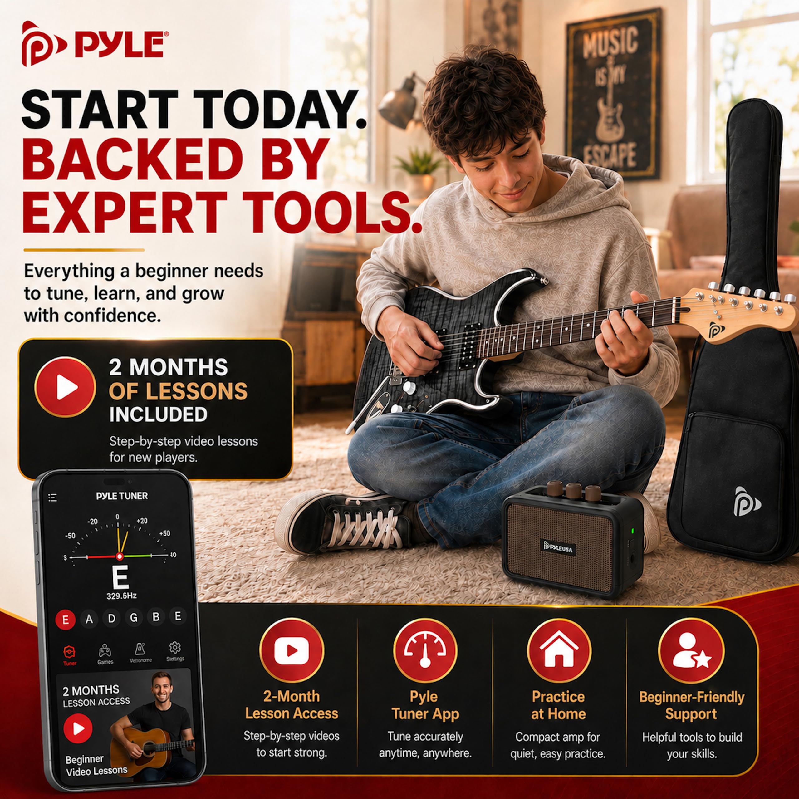 Pyle Kit Guitare Électrique Noir avec Amplificateur pour Débutants, Instrument Standard 39 Pouces avec Micros Humbucker, Set de Démarrage pour Enfants, Jeunes et Adultes