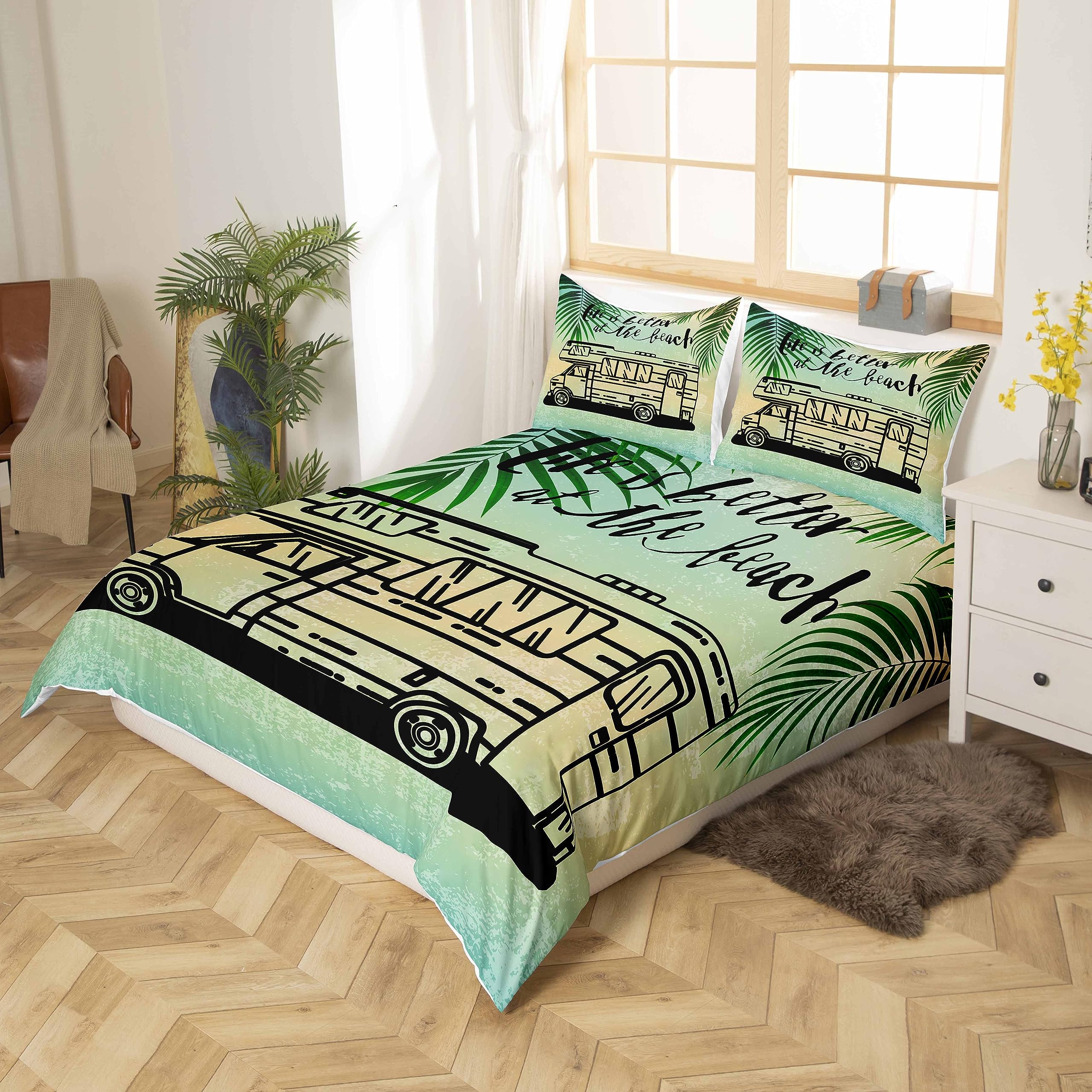 Campeur Parure de Lit 220x240cm Bon camping Parure Housse de Couette Dessin animé RV Camping Car Housse de Couette Décor de chambre Campeur Accessoires pour Voyage Remorques Feuilles Tropicales