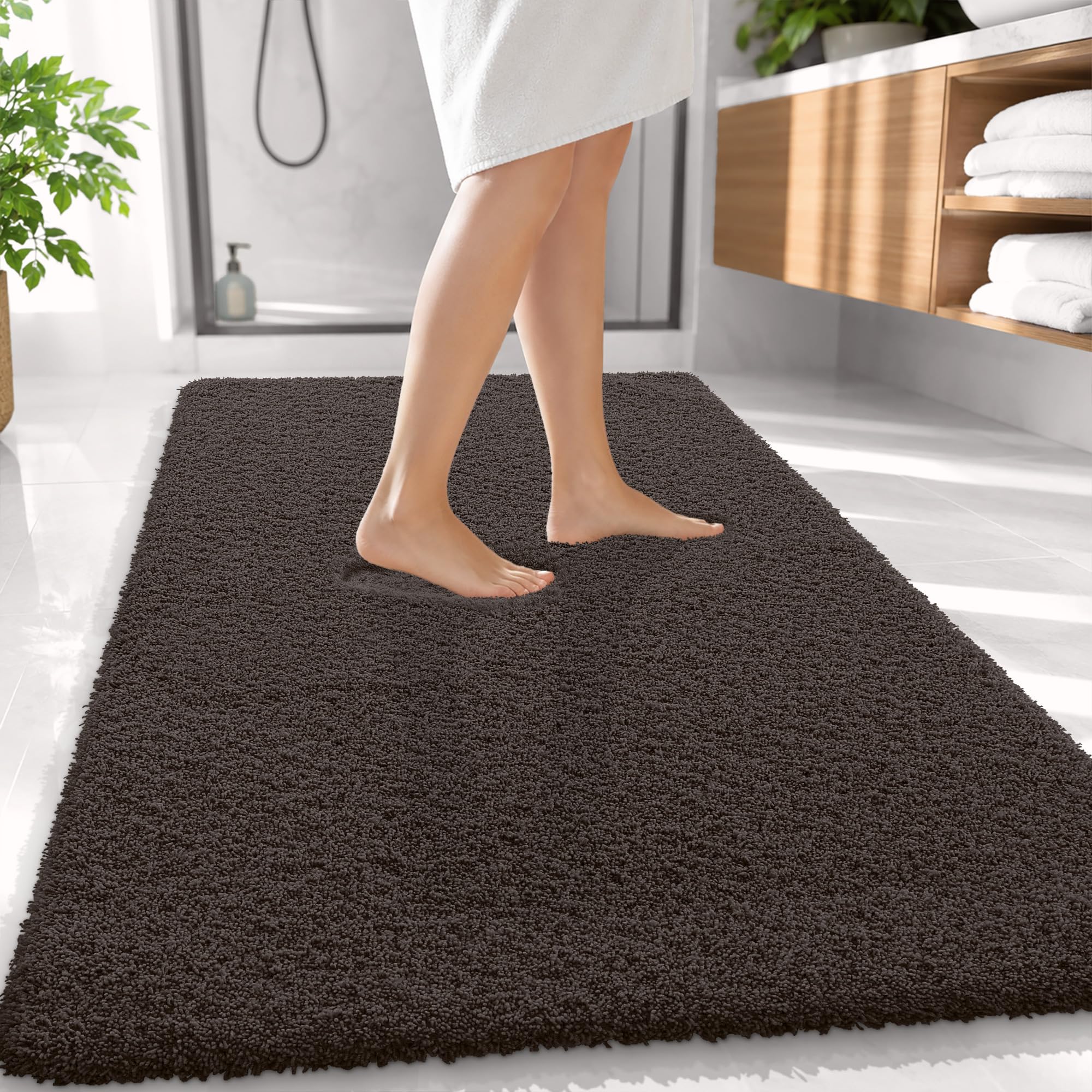 OLANLY Microfiber Large Bathroom Rugs 59x35, Soft Bath Mat, Dark Brown