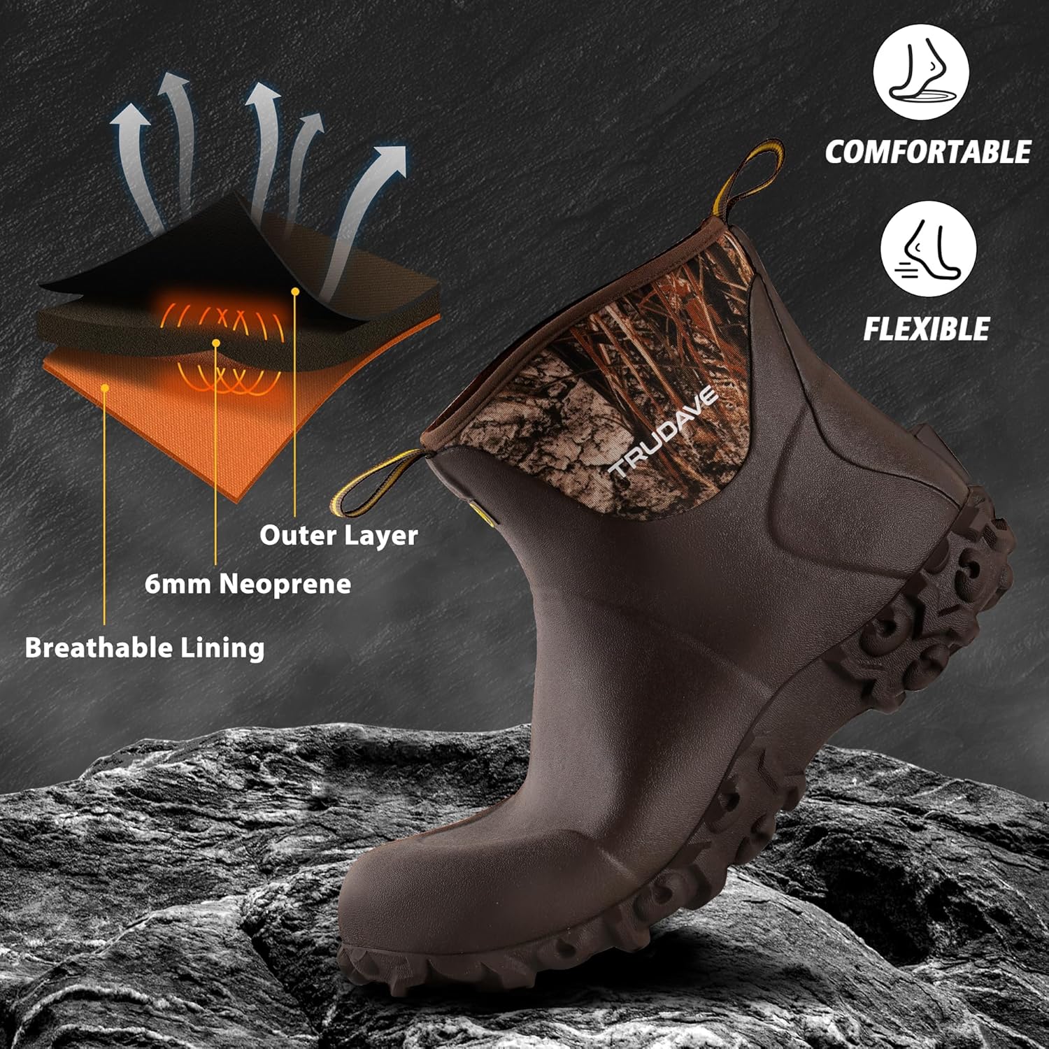 Trudave Ankle Rubber Boots for Men with Steel Shank, Reliable 6mm Neoprene Waterproof Insulated Rain Boots, Garden Shoes, Camp Outdoor Snow Mud Boots for Farming, Hunting, Lawn Work