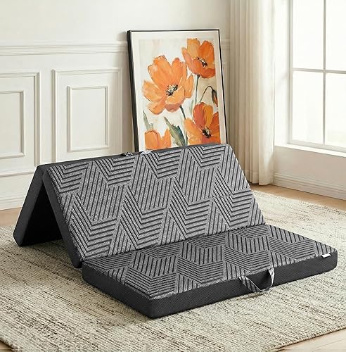 Colchón triple plegable de 4 pulgadas, cama plegable de espuma viscoelástica, cero olor, funda extraíble 100% poliéster, asas resistentes, malla