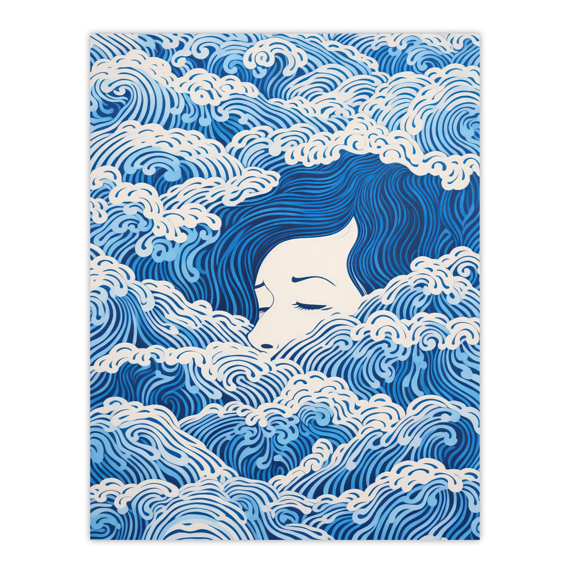 Wee Blue Coo Lost At Sea Waves Of Sleep Blue and White Surreal Painting Large Wall Art Poster Print Thick Paper 18X24 Inch