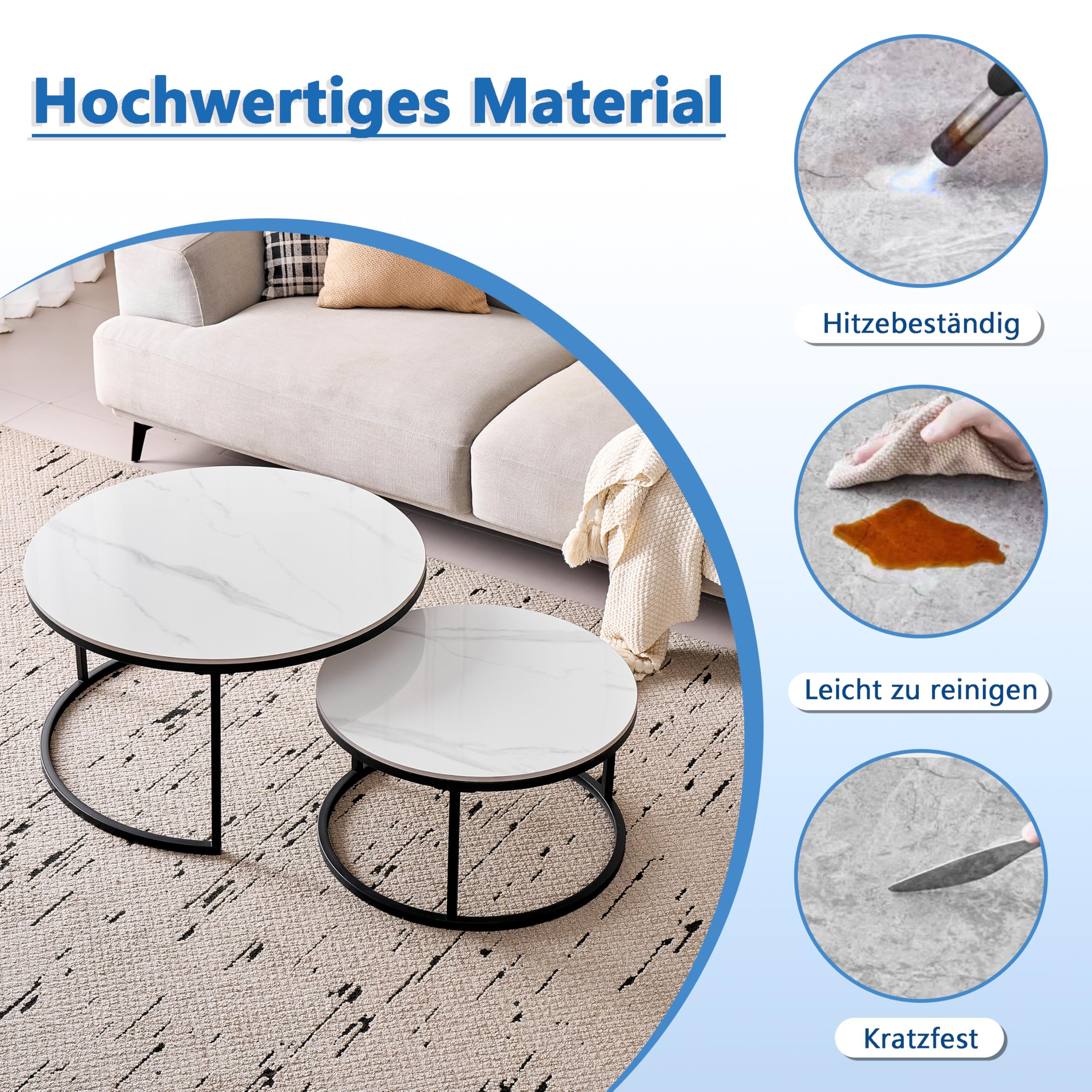 Lot de 2 Tables Basses Gigognes Ronde avec Plateau en Céramique Technique (Non en MDF),Tables D'Appoint Idéal pour Salon, Chambre, Balcon (Blanc+Noir), 50+70cm