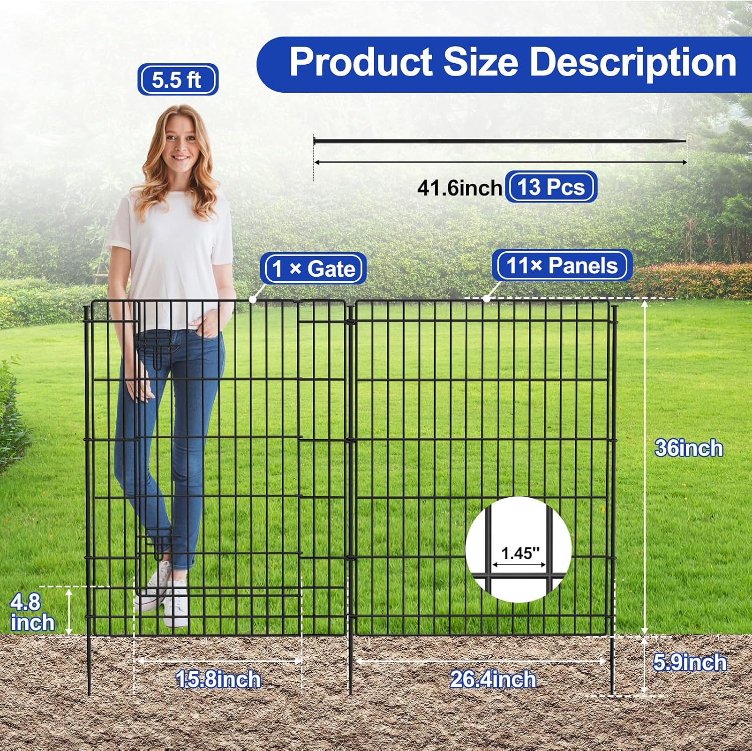 INJOPEXI Decorative Garden Fence 12 Panels 26ft (L)×36in (H) Garden Fences Outdoor with 11 Panels   1 Gate, Animal Barrier Rabbit Fencing Rustproof Metal Wire Temporary Dog Fence for Yard Lawn Park