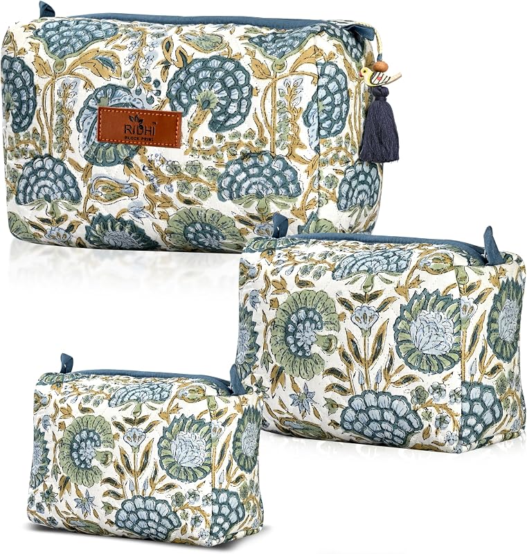 Ridhi Necessaire de Algodão com Estampa Floral em Bloco, Verde Aspargo, Pacote com 3