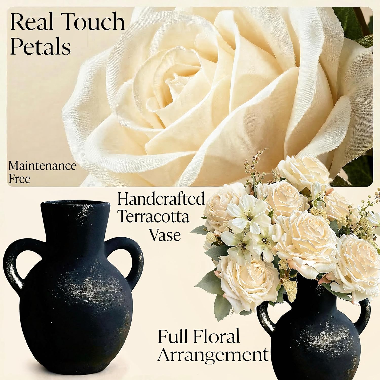 15” Flower Arrangement with Terracotta Vase, Pre-Arranged Faux Roses & Mixed Flowers Centerpiece for Rustic Farmhouse Table Decor(Black).