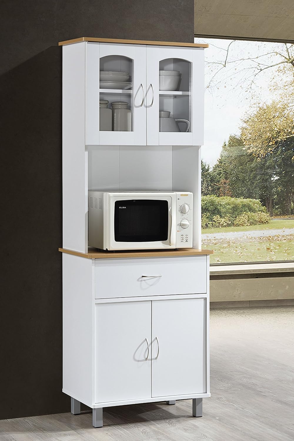 White and Natural Tall Kitchen Cabinet with Glass Doors
