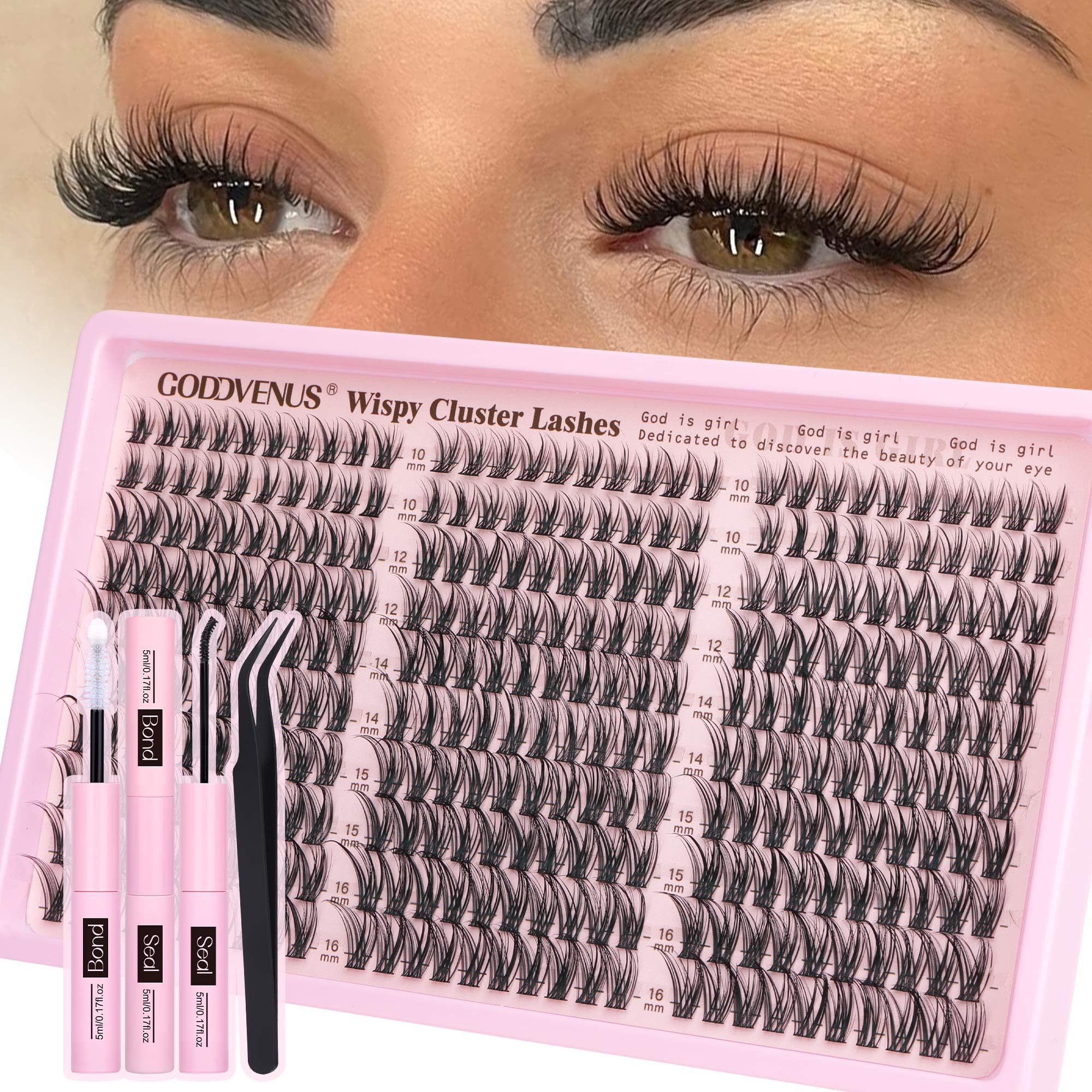 Goddvenus Cluster Lashes Kit Wispy Natural 300pcs Eyelashes Clusters 10-16mm DIY Eyelash Extensions Kit C Curl Individual Lashes for DIY Lash Extension