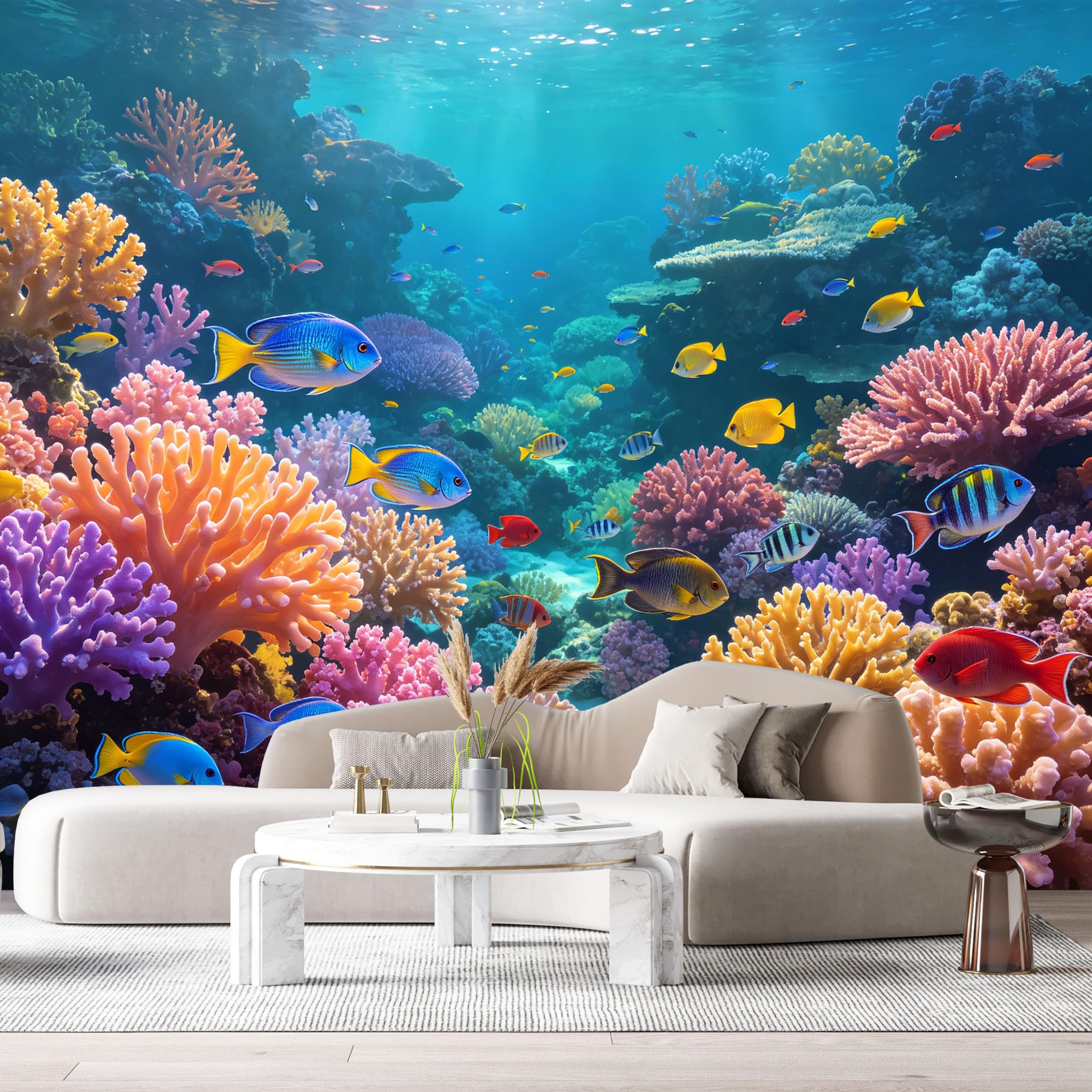 Custom Size Wall Murals Ocean Marine Tropical Coral Reef Colorful Exotic Fish SelfAdhesiveWall Fabric Removable Wallpaper Wall Decor for Living Room Bedroom Bathroom