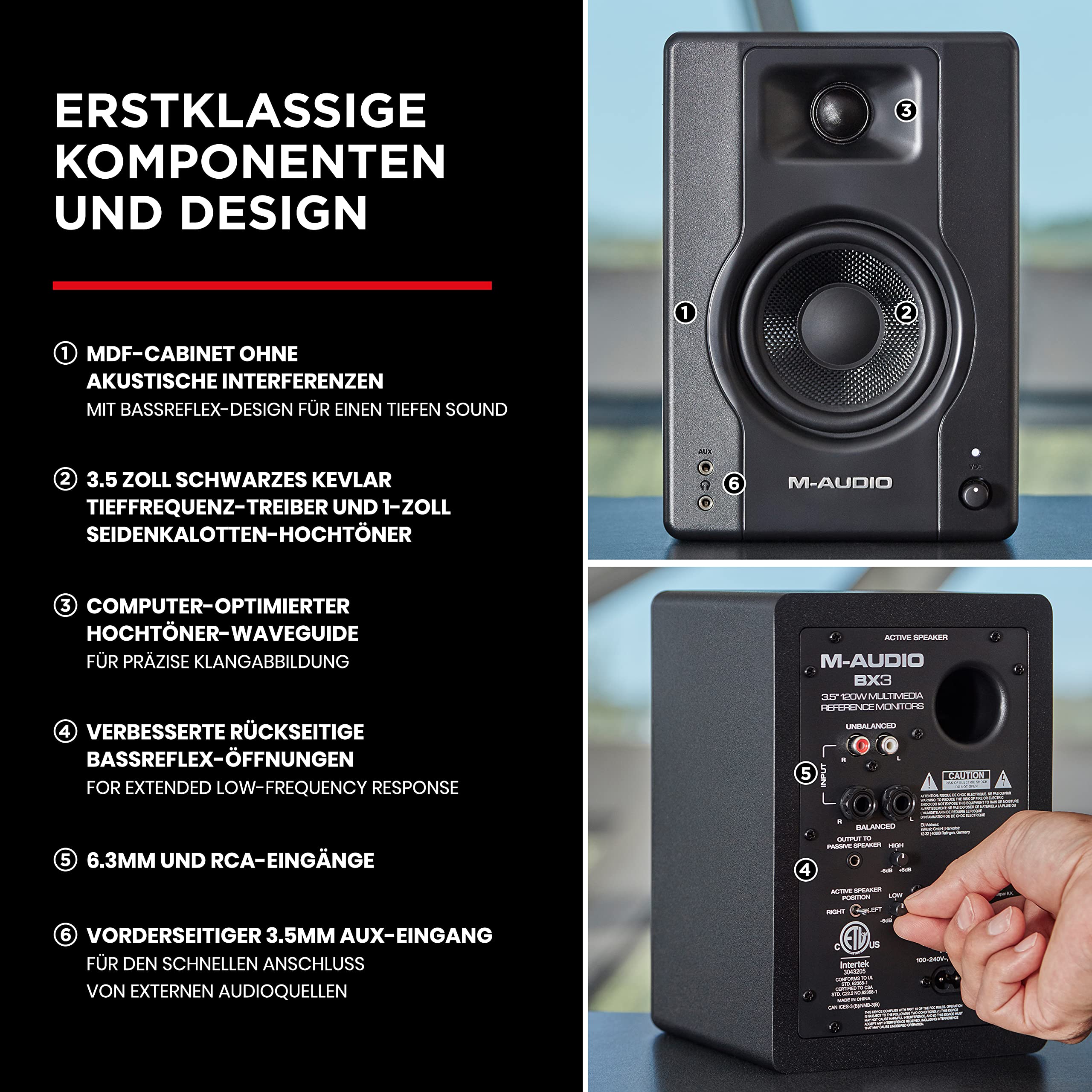 M-Audio BX3 Casse attive amplificate da 120 W da scrivania Monitor da studio per gaming, produzione musicale, streaming e podcast (coppia) & AKG K52 Closed Back Cuffie, Nero