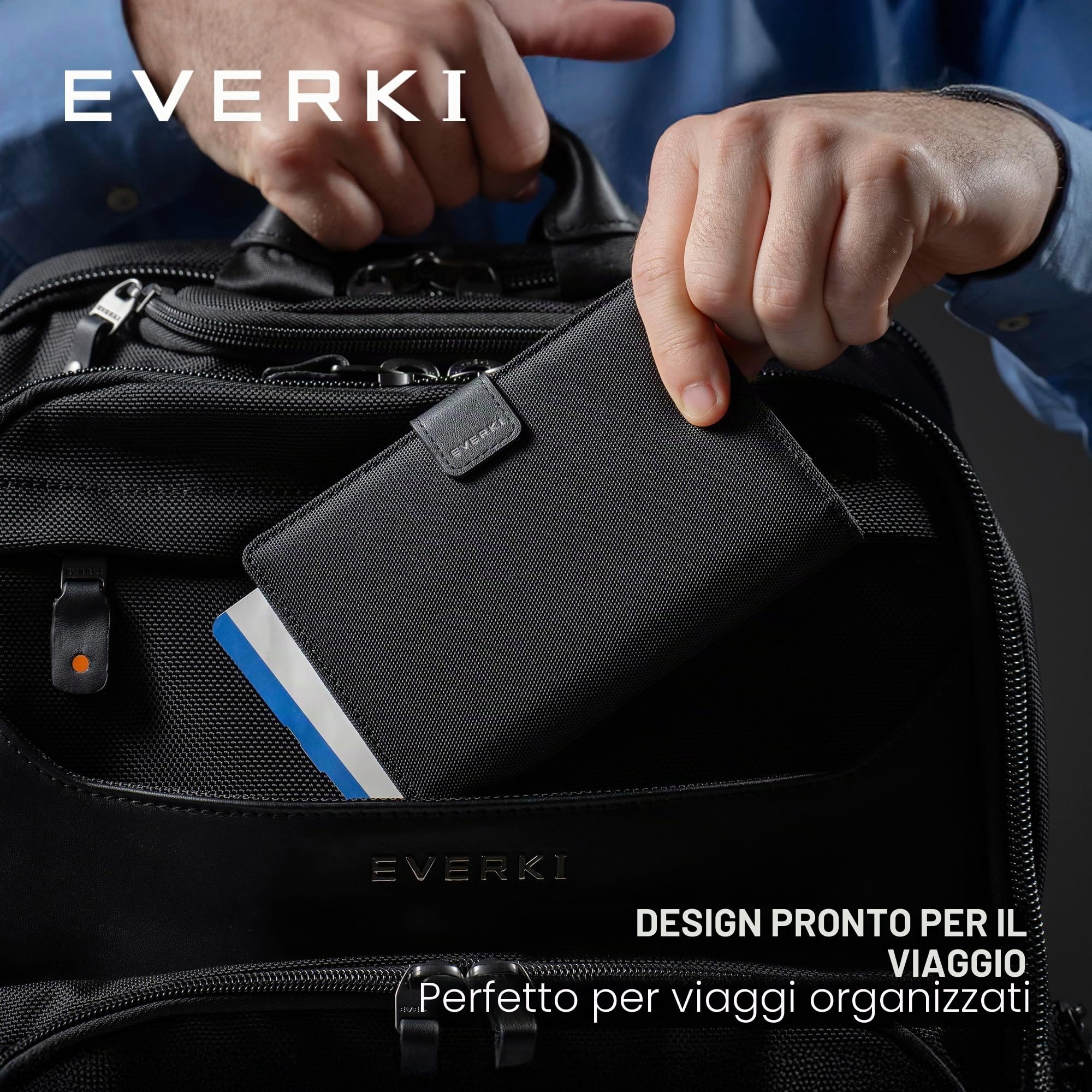Everki porta passaporto RFID – custodia sottile anti-RFID per viaggio, copertura protettiva per passaporto, accessorio da viaggio donna/uomo – Nero