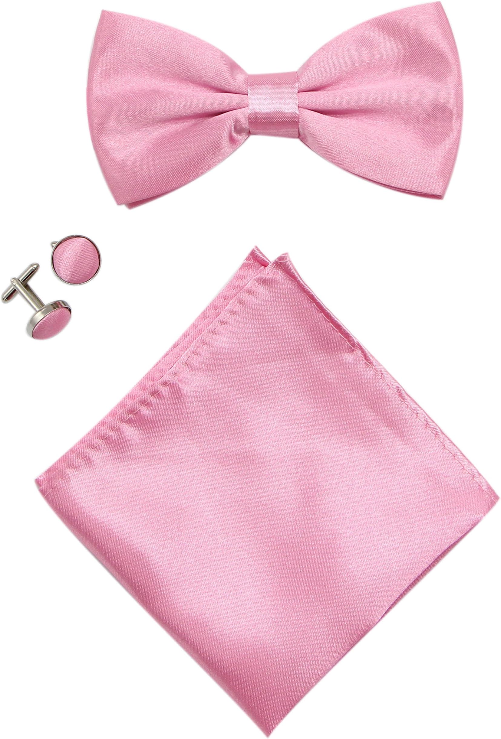 Mens Solid Stain Pre-tied Tuxedo Bow Tie Cufflinks Pocket Square Set By JAIFEI (Pink)