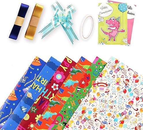 Amazon Sharmico 包装紙 ラッピングペーパー 6種類各1枚 子供向け 包装用リボン付き 装飾用リボン付き 両面テープ付き グリーティングカード付き ギフト包装 包装紙 おしゃれ かわいい 大きい 男の子向け 女の子向け お祝い ラッピングペーパー 文房具 オフィス用品