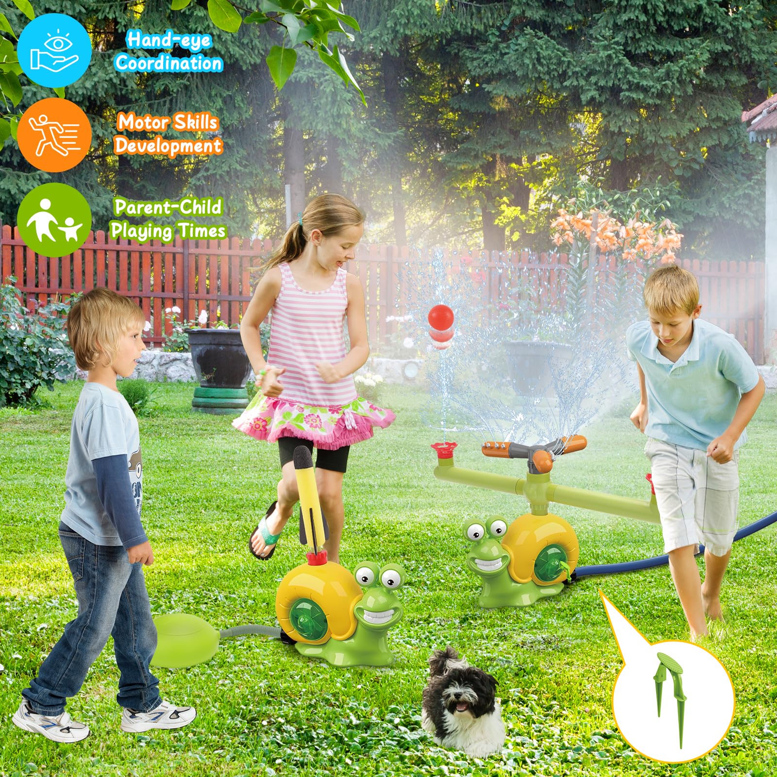 deAO 4-in-1 Spruzzatore d'acqua per Bambini: Baseball + Lancio di Razzi con Spruzzatore a Chiocciola a 360°, 3 Ugelli e 3 Razzi, Giocattolo d'Acqua Estivo per Giardino, Piscina, Spiaggia da 3 anni+