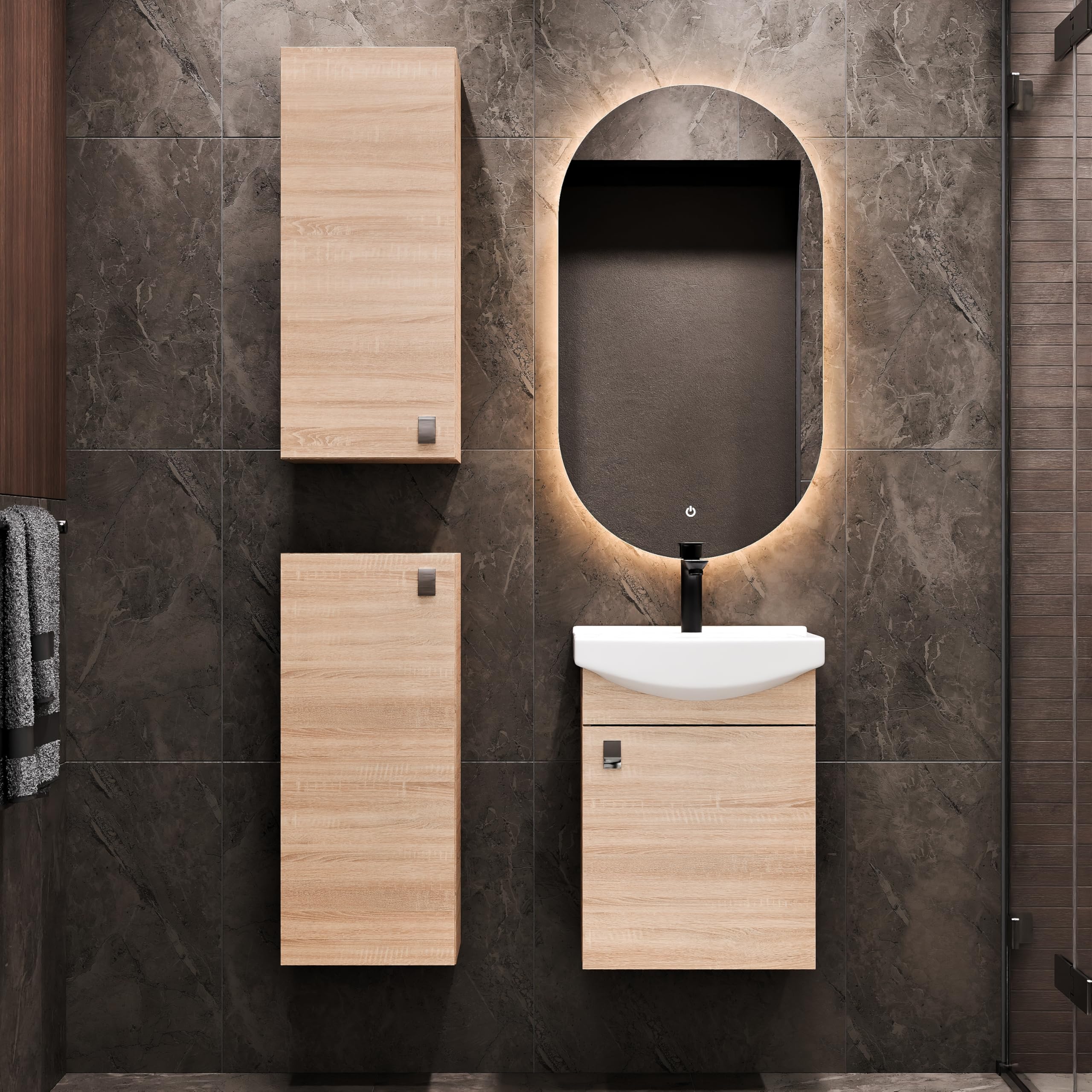 Planetmöbel Set di mobili da bagno lavabo con mobiletto 45 x 60 x 33 cm con rubinetto nero per bagno e WC ospiti, rovere Sonoma