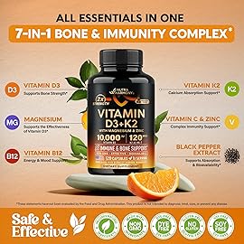 Vitamin D3 K2 - Vitamin D3 10000 iu & K2 as MK-7 120 mcg - Immune & Mood Support, for Bone & Teeth Health - with Magnesium, Zinc & Vitamin C & B12 - Highly Bioavailable - Made in USA, 120 Capsules