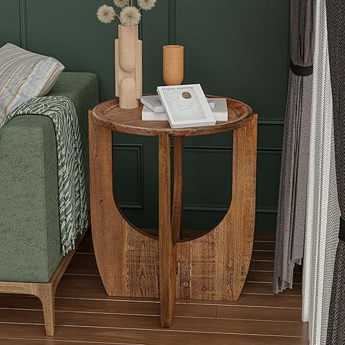 Miniatura 8 de COZAYH Rustic Farmhouse End Table, French Country Accent Side Table for Family, Dinning or Living Room, Small Spaces, Modern, Round, Brown End Table