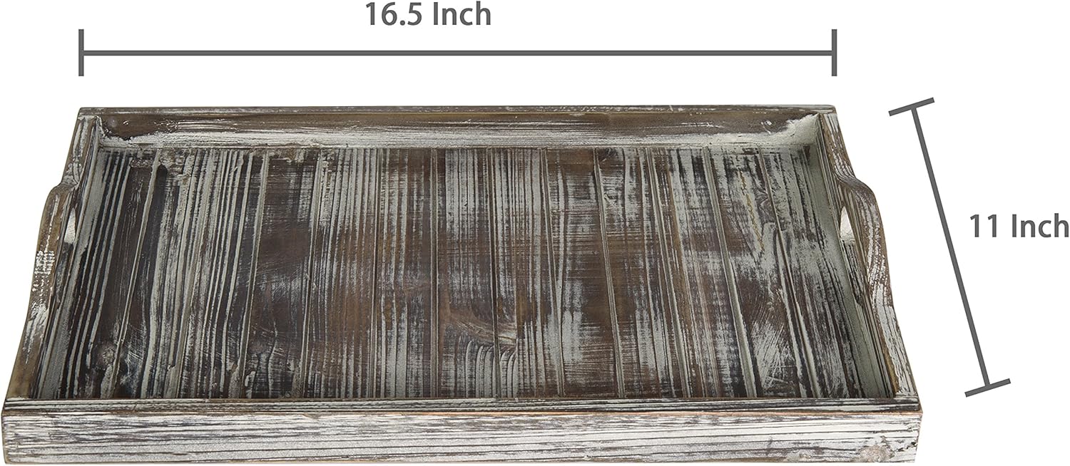 MyGift Rustic Torched Solid Wood Large Serving Tray with Cutout Handles with Slatted Design, Breakfast Ottoman Coffee Table Tray, 16 x 11 Inches