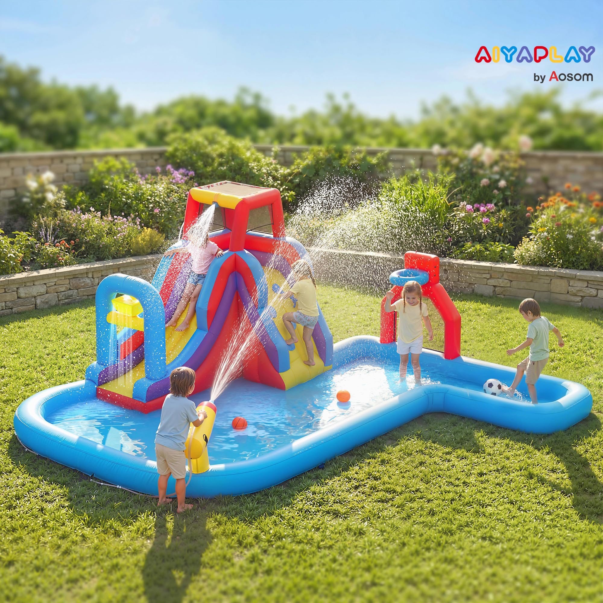 AIYAPLAY Castillo Hinchable Acuático con Soplador 550W 6 en 1 Castillo Hinchable para Niños con Tobogán Pared de Escalada Piscina Aro de Baloncesto Portería de Fútbol Exterior Interior 470x445x205 cm