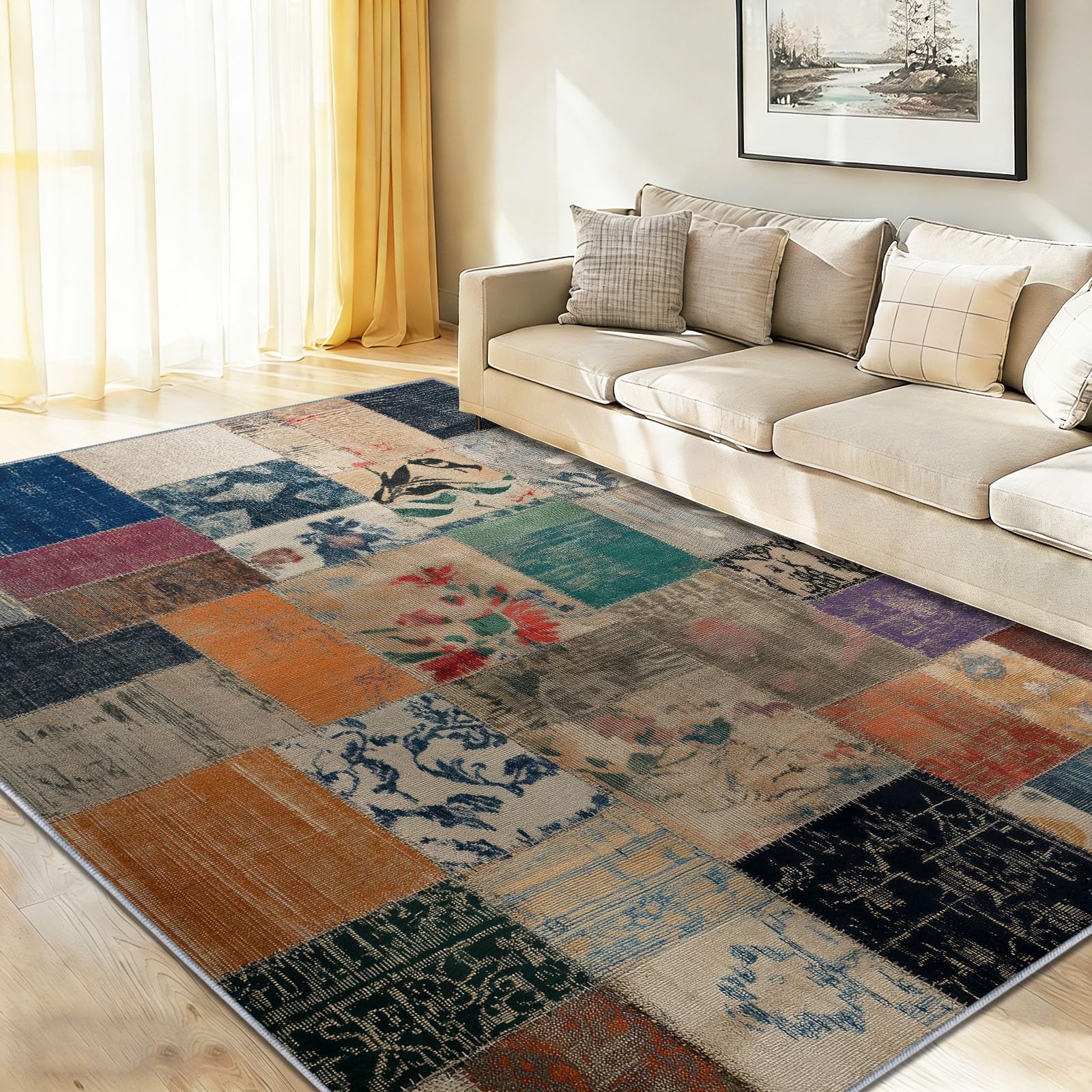 Tapis patchwork géométrique 120x180 lavable en machine pour intérieur extérieur