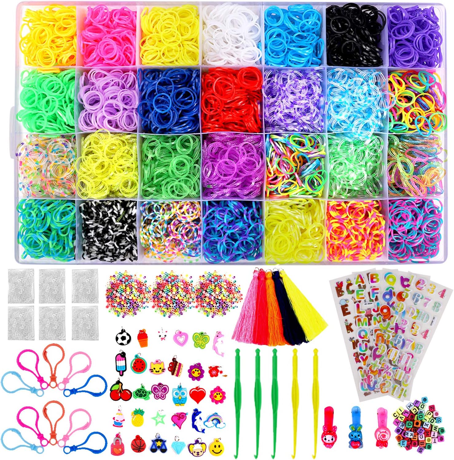 12,000+ Rainbow Rubber Bands Bracelet Making Kit, 11,800 Premium Loom Bands, 600 S-Clips, 300 Beads, 30 Charms, 52 ABC Beads, 10 Backpack Hooks, 5 Tassels, 4 Stickers to Make Bracelet for Kids Girls