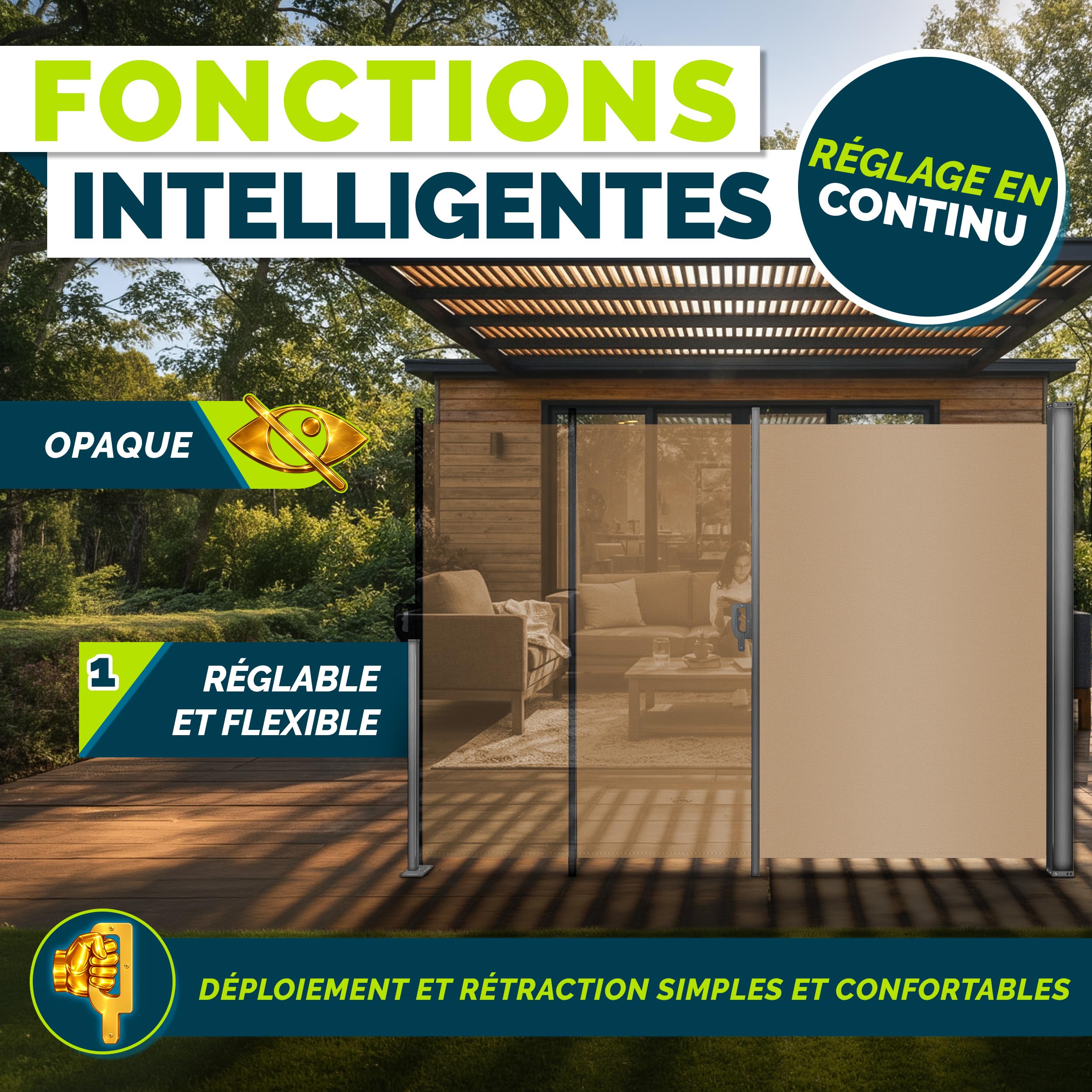 tillvex® Store latéral 160 x 400 cm extensible et opaque avec Housse de protection | Brise-vue pour balcon, jardin et terrasse | Support mural | Protection solaire en acier inoxydable | Contre le vent