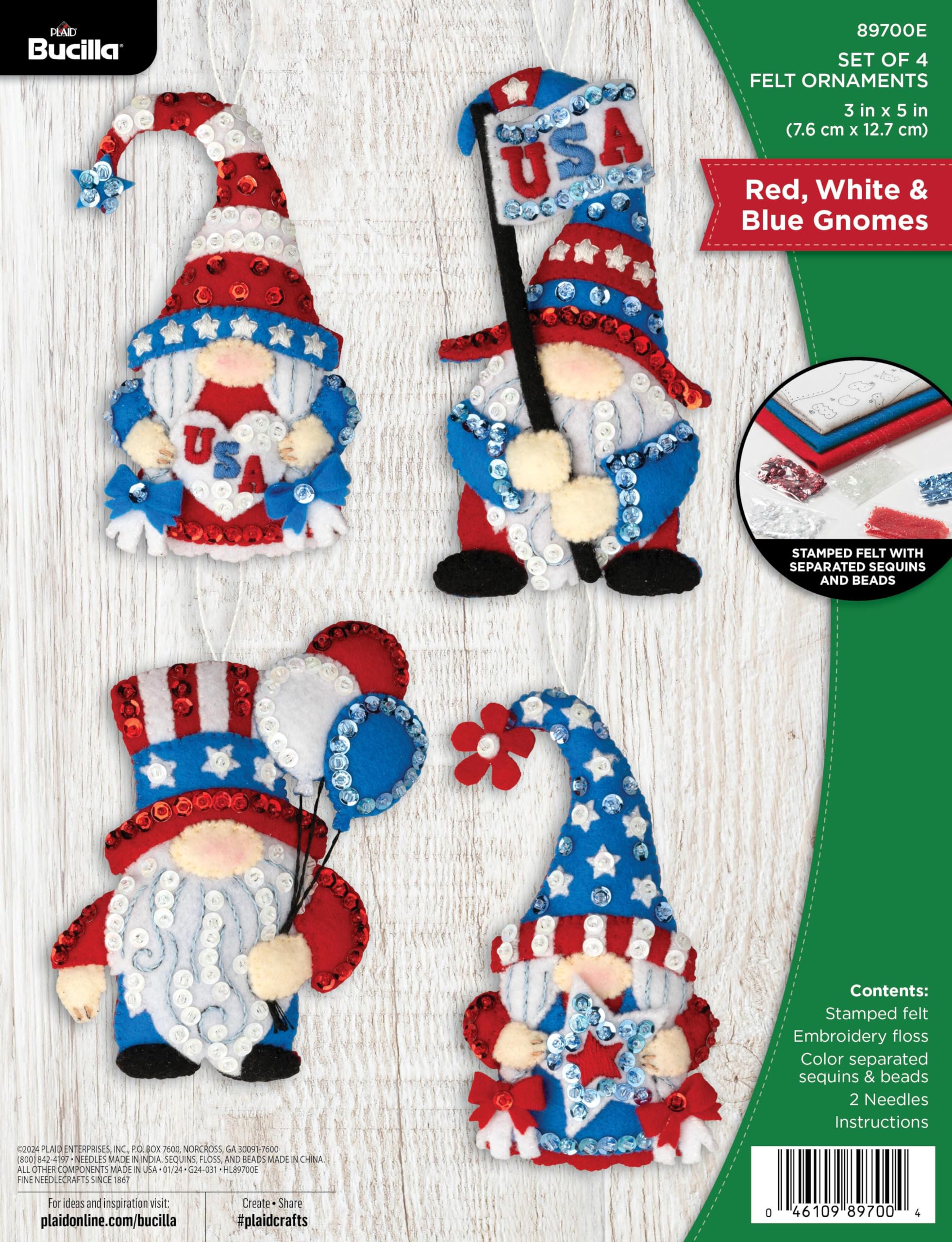 Bucilla Felt Applique 6 Piece Ornament Making Kit, Red, White, &amp; Blue Gnomes, Perfect for Holiday DIY Arts and Crafts, 89700E