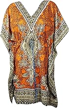 Mogul Interior Womens Boho Maternity Holiday Dresses, Orange Printed Summer Caftan Dress, Short Kaftan