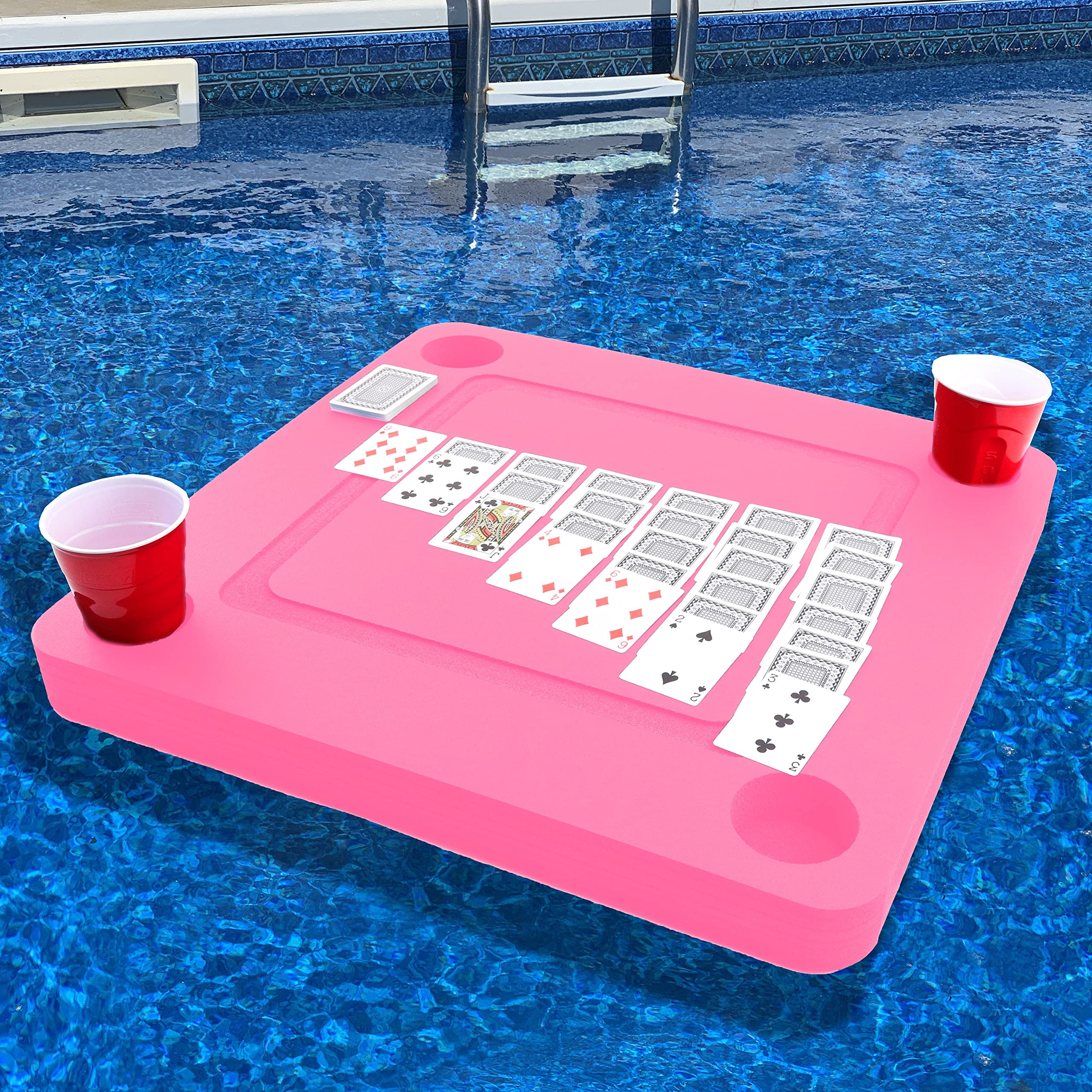 Polar Whale Floating Game or Card Table Pink Tray for Pool or Beach Party Float Lounge Durable Foam 23.5 Inch Drink Holders with Waterproof Playing Cards Deck UV Resistant