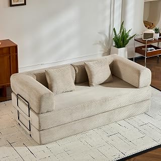 ZEIINPA Corduroy Floor Sofa Bed: Convertible Folding Couch with Fixed Frame & Armrests - Beige, Space-Saver for Living Room, Bedroom (149.99)