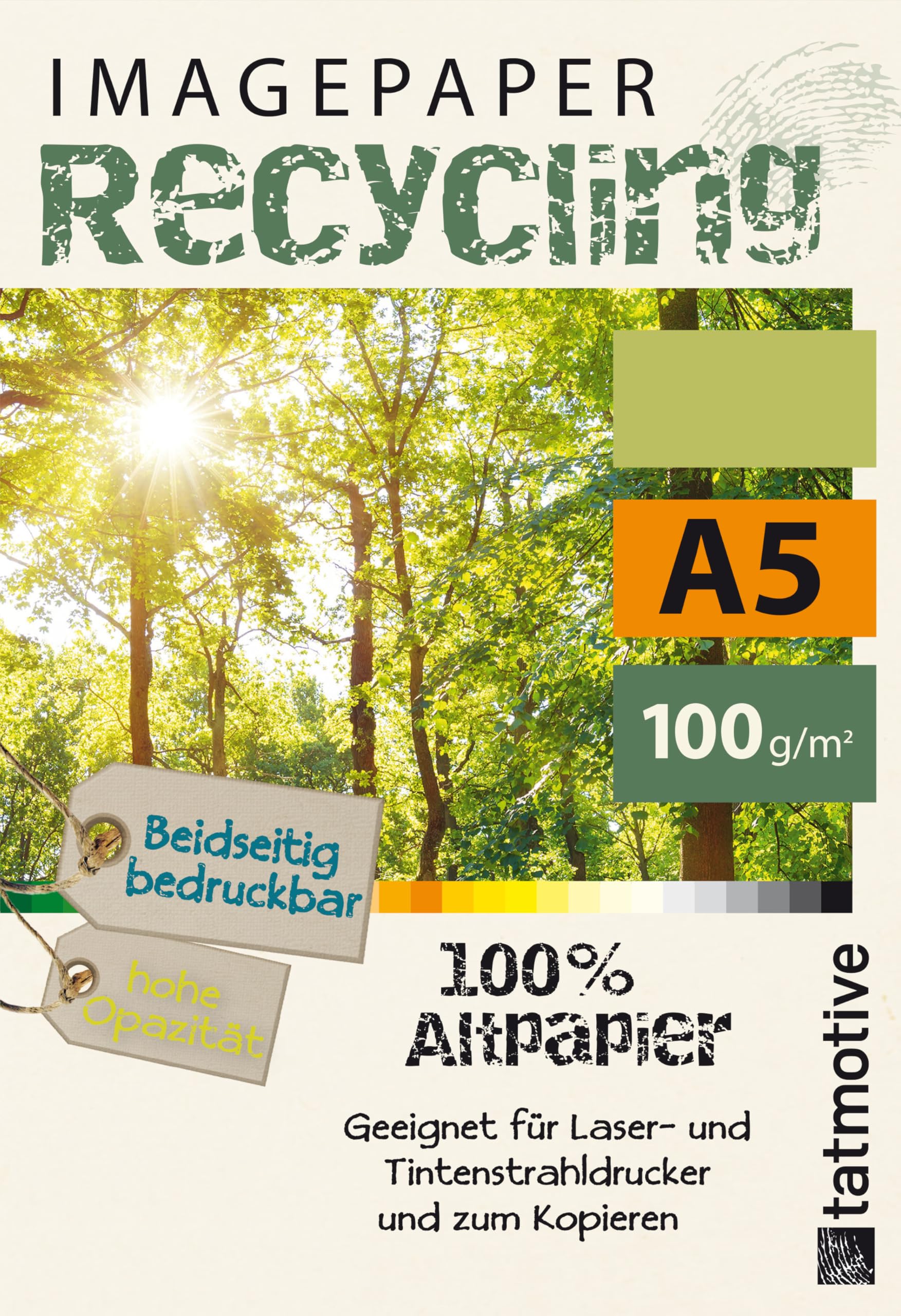 TATMOTIVE Imagepaper Recyclingpapier 100g/qm A5, geeignet für alle Drucker, 2000 Blatt Kopierpapier Druckerpapier