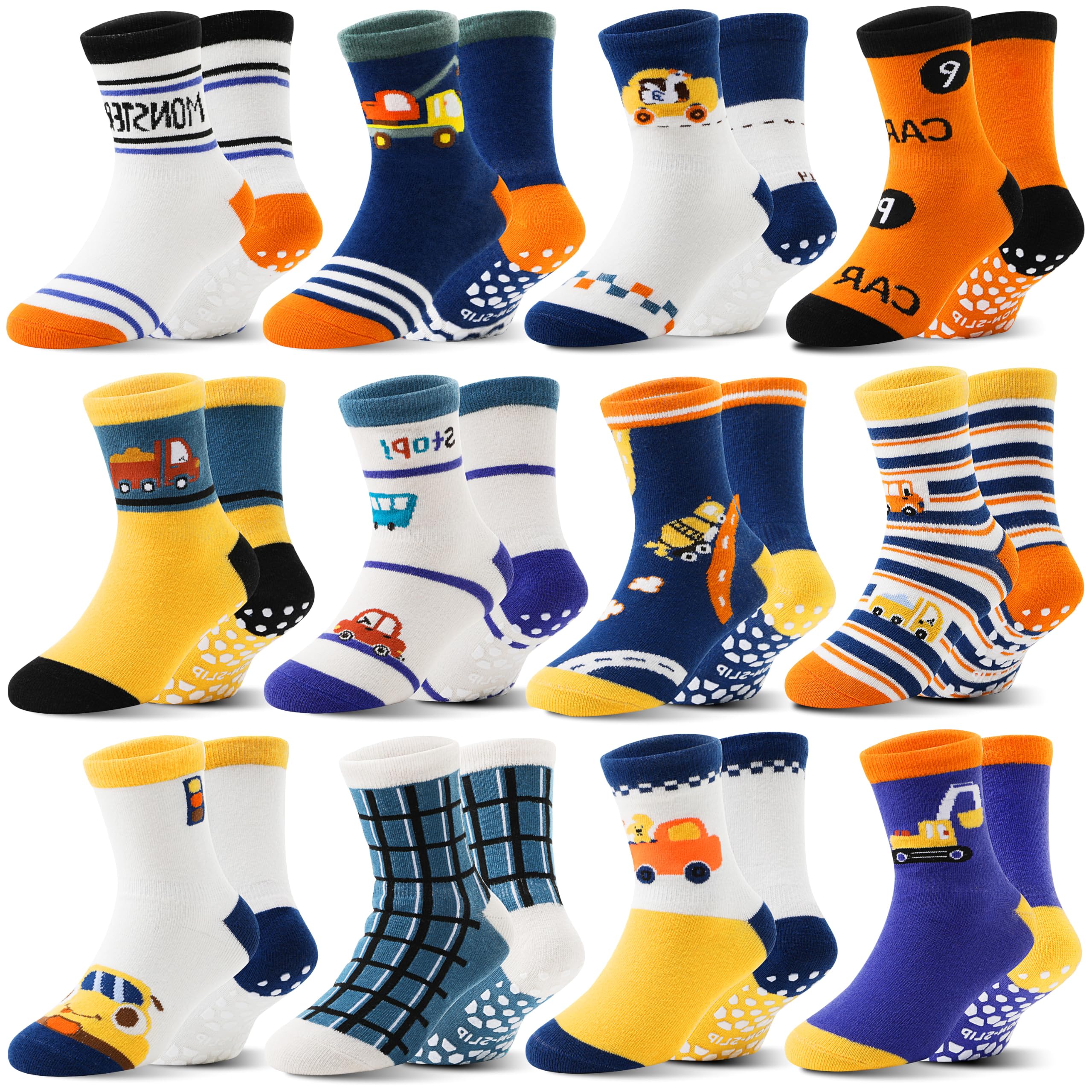 Welwoos Baby Boys Grips Socks 12 Pairs Kids Toddlers Infants Anti Slip Non Skid Funny Cartoon Crew Breathable Cotton Socks