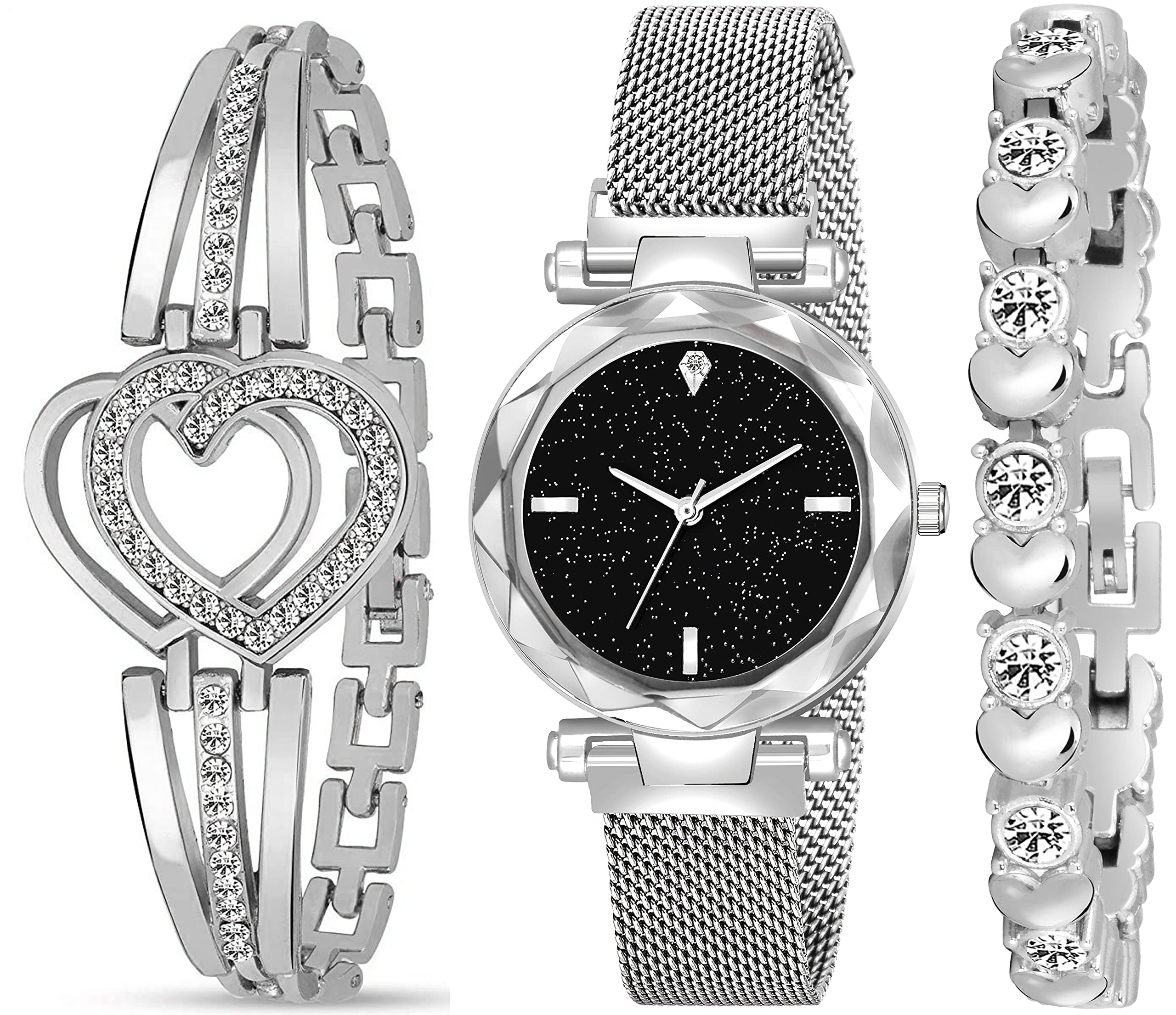 AcnosBrand - A Watch Analogue Plain Black Dial Magnet Watch With Gift Bracelet For Women Or Girls And Watch For Girl Or Women (Combo Of 3)